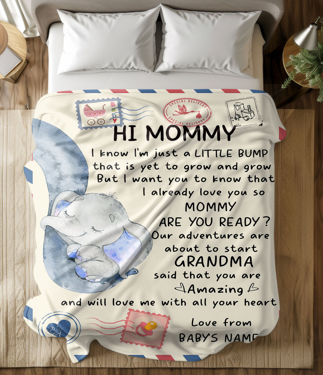 Hi Mommy I Know I'm Just A Little Bump That Is Yet To Grow And Grow Elephant Personalized Blanket