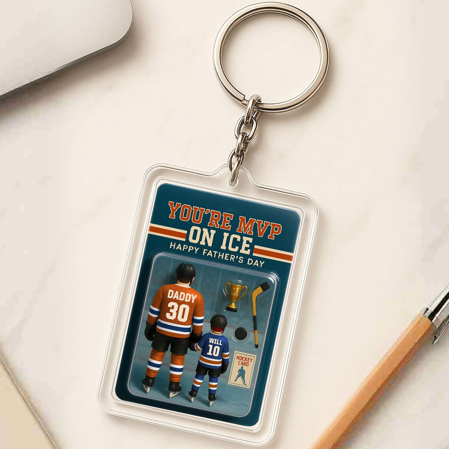 Hockey Dad Keychain Gift – You’re MVP on Ice 3D Personalized Acrylic Design – Father’s Day Gift from Son with Custom Names