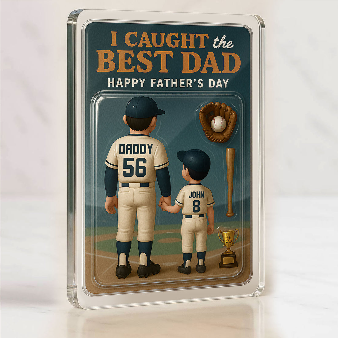 Personalized Baseball Dad and Daughter Acrylic Plaque – 3D Father’s Day Gift with Custom Name and Number – Touching Desk Decor

