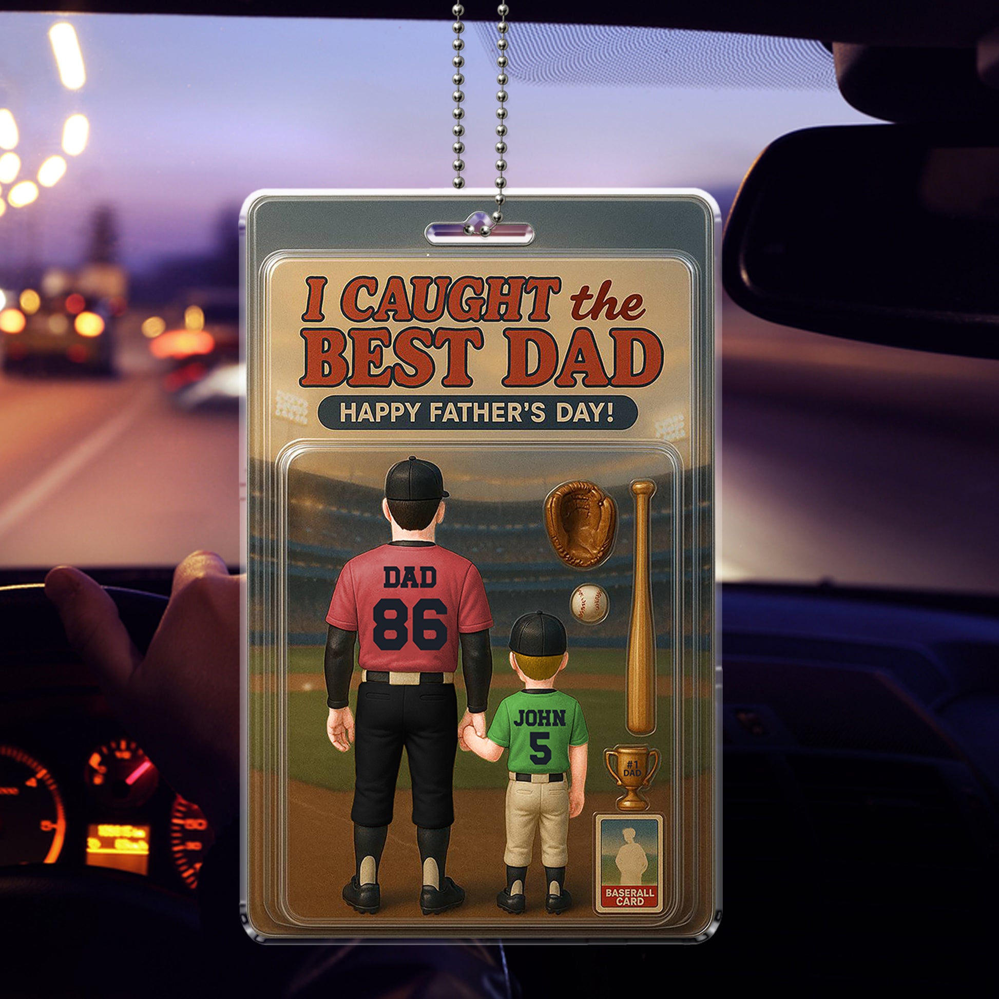 I Caught the Best Dad Custom Baseball Car Ornament with Names & Numbers