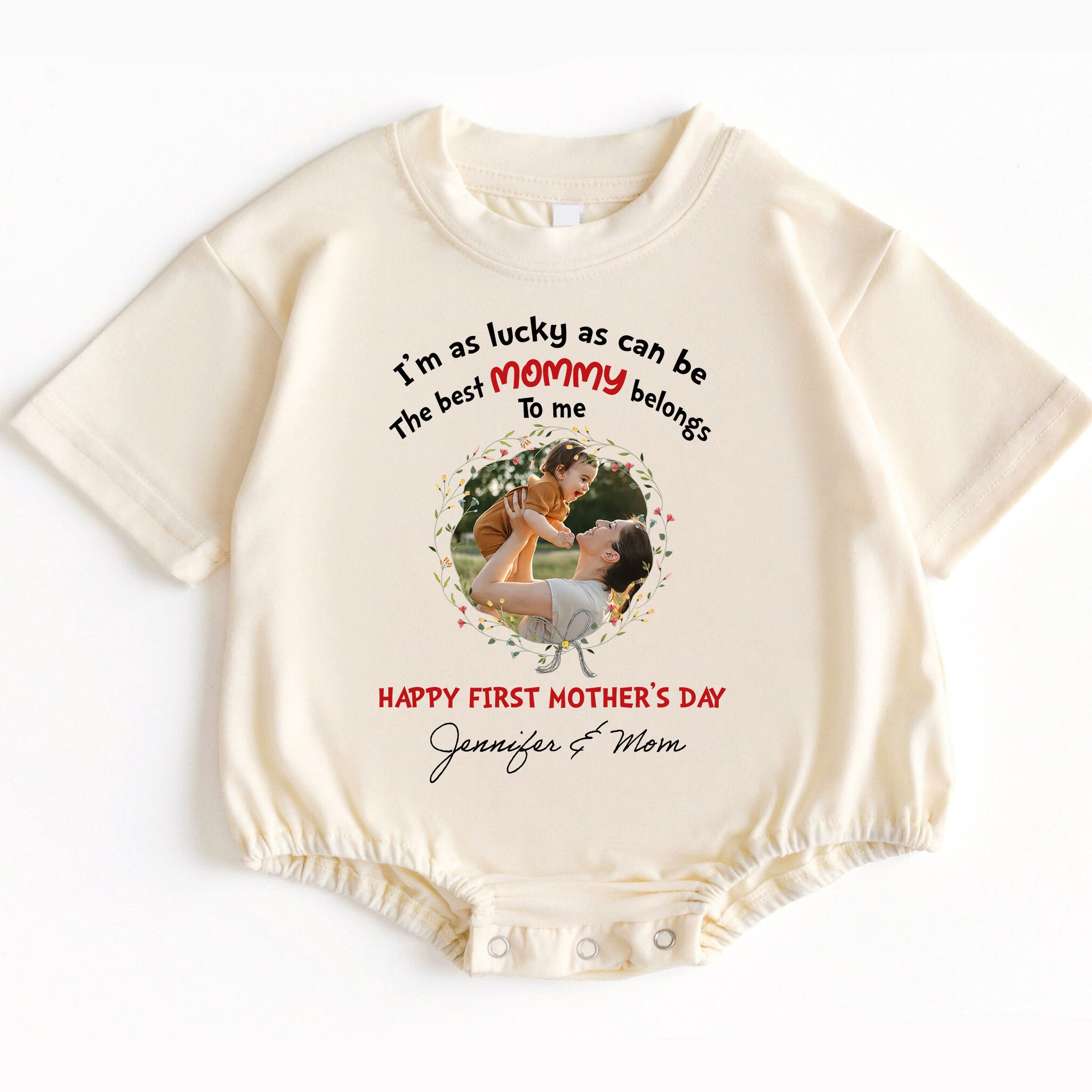 Make her first Mother's Day truly magical! Order the "I'm As Lucky As Can Be The Best Mommy Belongs To Me - Happy Our First Mother's Day" Romper Baby Bodysuit today and give the gift of love, comfort, and cherished memories that will last a lifetime!
