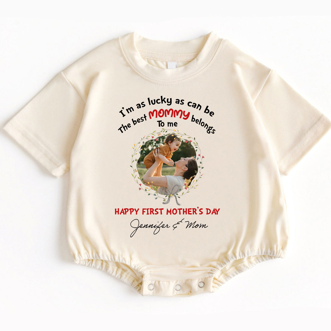 Make her first Mother's Day truly magical! Order the "I'm As Lucky As Can Be The Best Mommy Belongs To Me - Happy Our First Mother's Day" Romper Baby Bodysuit today and give the gift of love, comfort, and cherished memories that will last a lifetime!