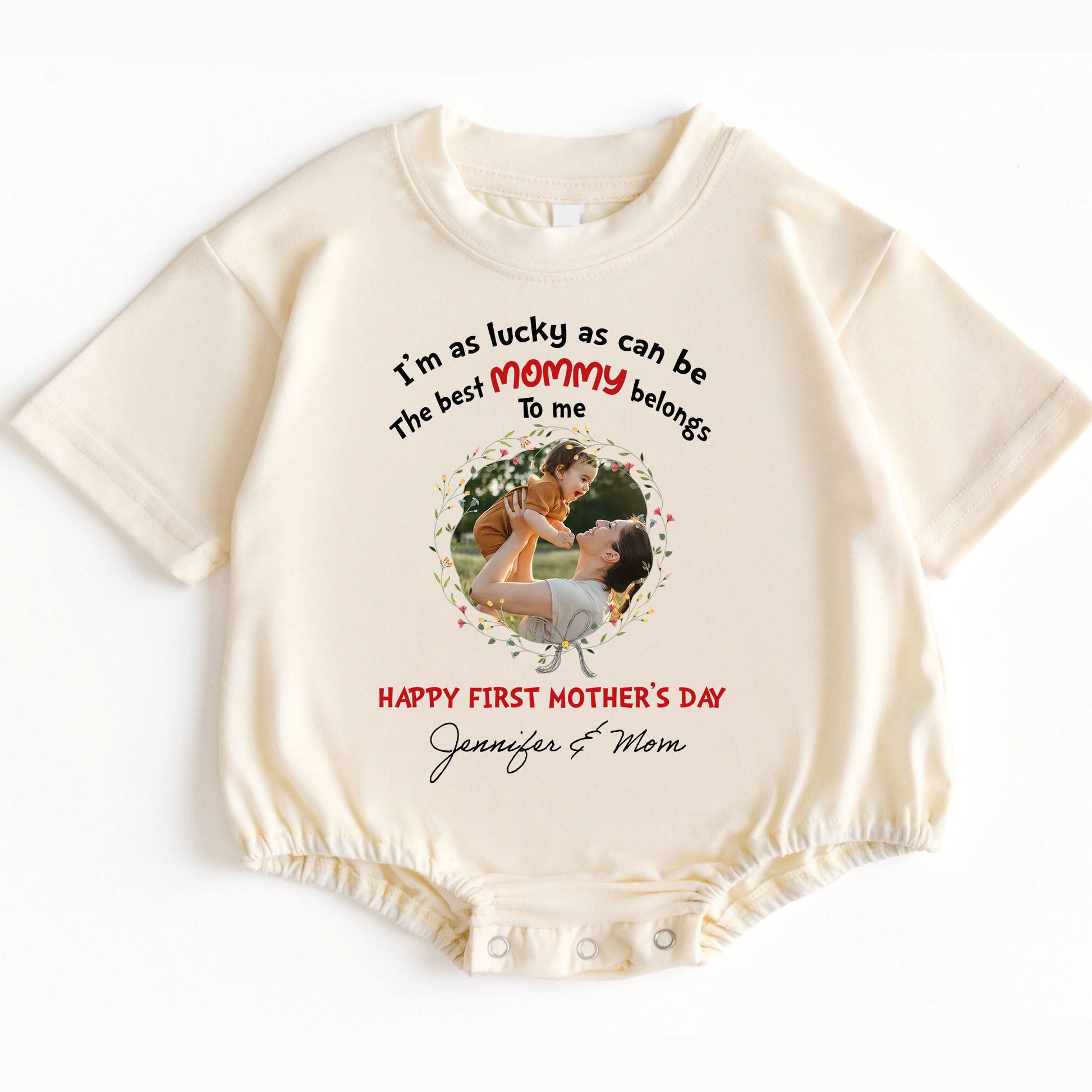 Make her first Mother's Day truly magical! Order the "I'm As Lucky As Can Be The Best Mommy Belongs To Me - Happy Our First Mother's Day" Romper Baby Bodysuit today and give the gift of love, comfort, and cherished memories that will last a lifetime!