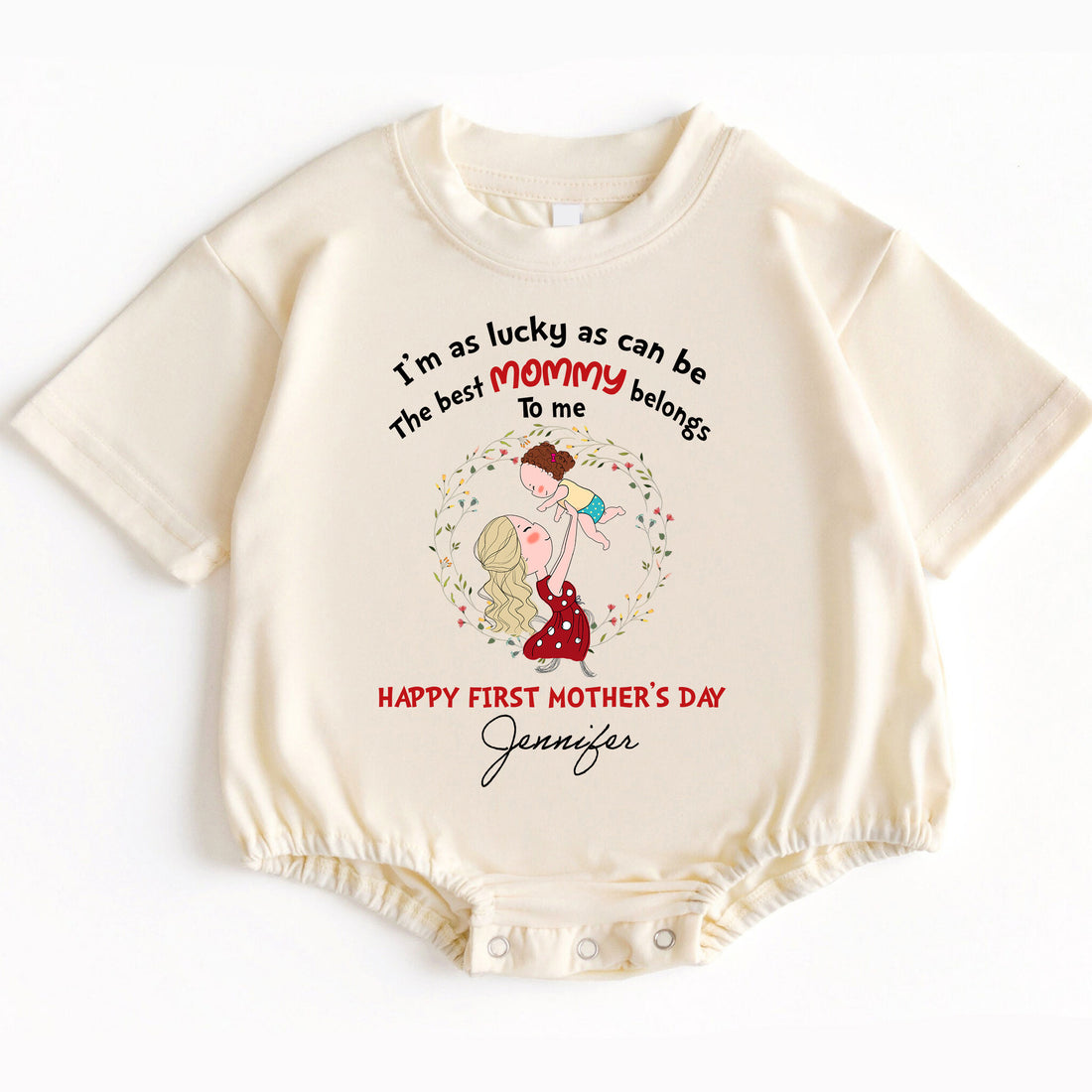 Make her very first Mother's Day an absolutely, unequivocally extraordinary, deeply meaningful, and truly unforgettable experience with the 'I'm As Lucky As Can Be The Best Mommy Belongs To Me - Happy Our First Mother's Day' Romper Baby Bodysuit. 