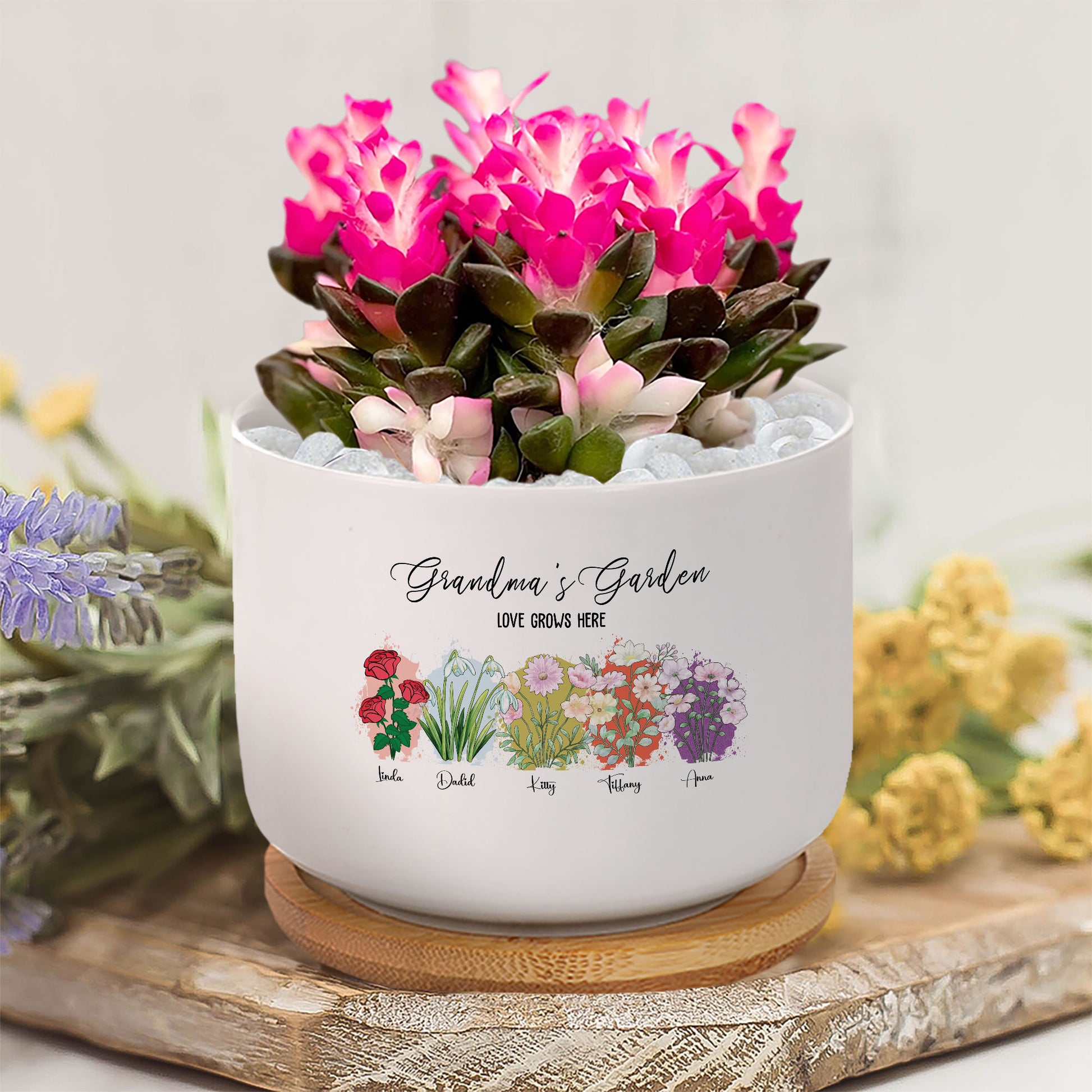In Grandma’s Garden, Love Blossoms – Birth Month Flower Custom Name Ceramic Plant Pot