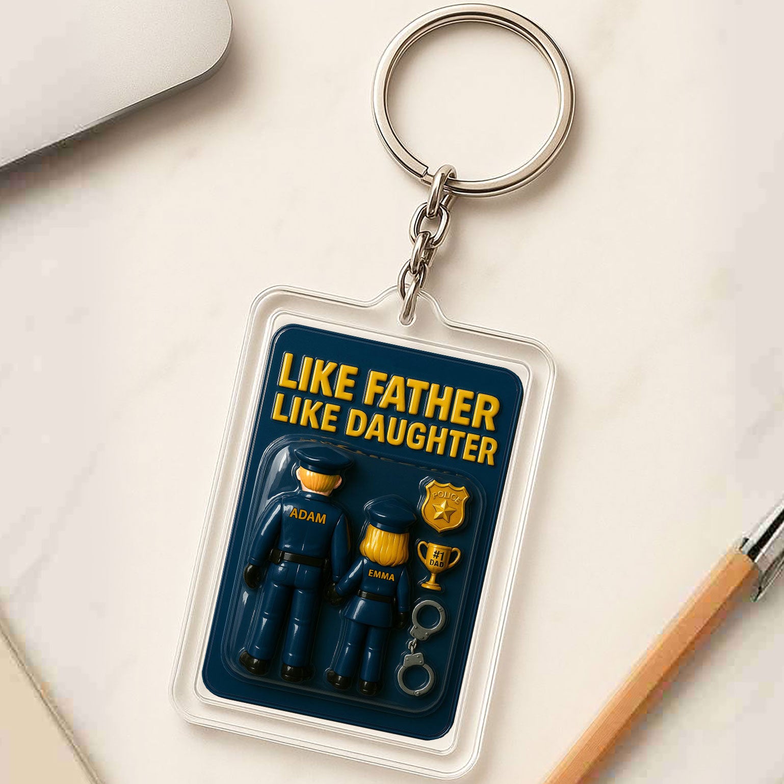 Like Father Like Daughter Police Officer Custom Father's Day Gift - 3D Keychain with Names
