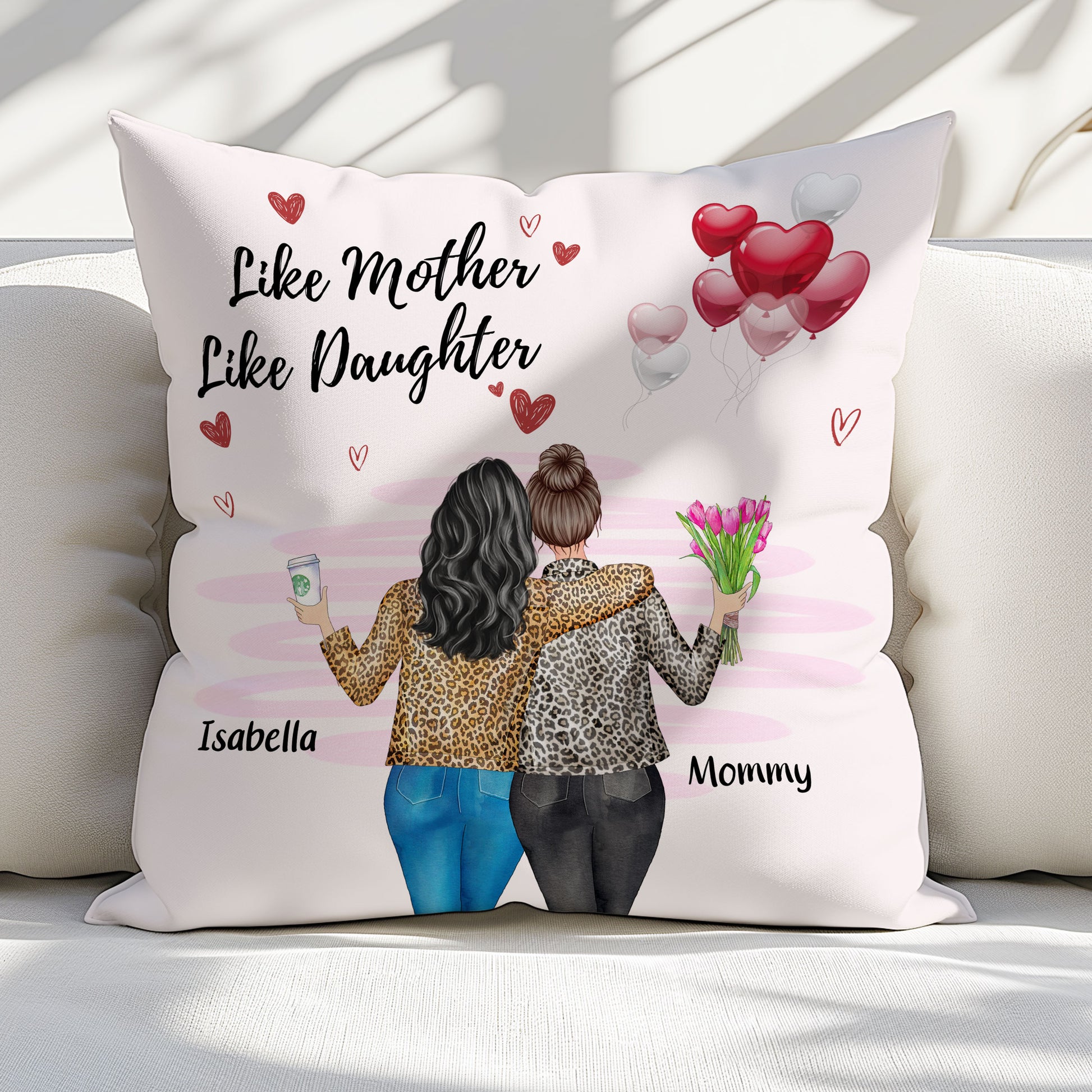 Like Mother Like Daughter Pillow Personalized with Names and Matching Designs for Mother's Day Gift

