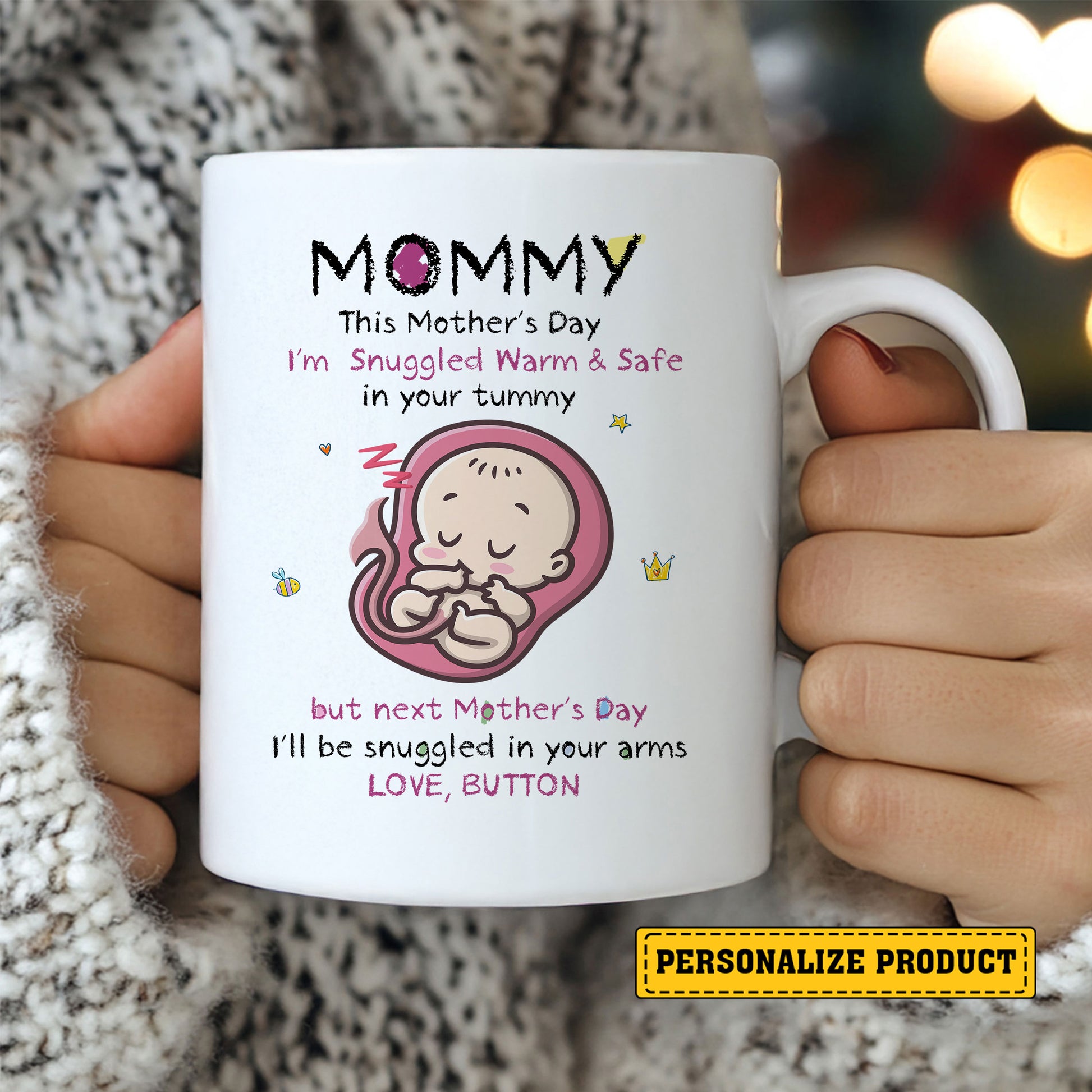 Give her a heartwarming smile and a lasting memory of this special time. Order the "Love from Your Tummy" Personalized Mom-to-Be Mug today and celebrate her journey into motherhood!
