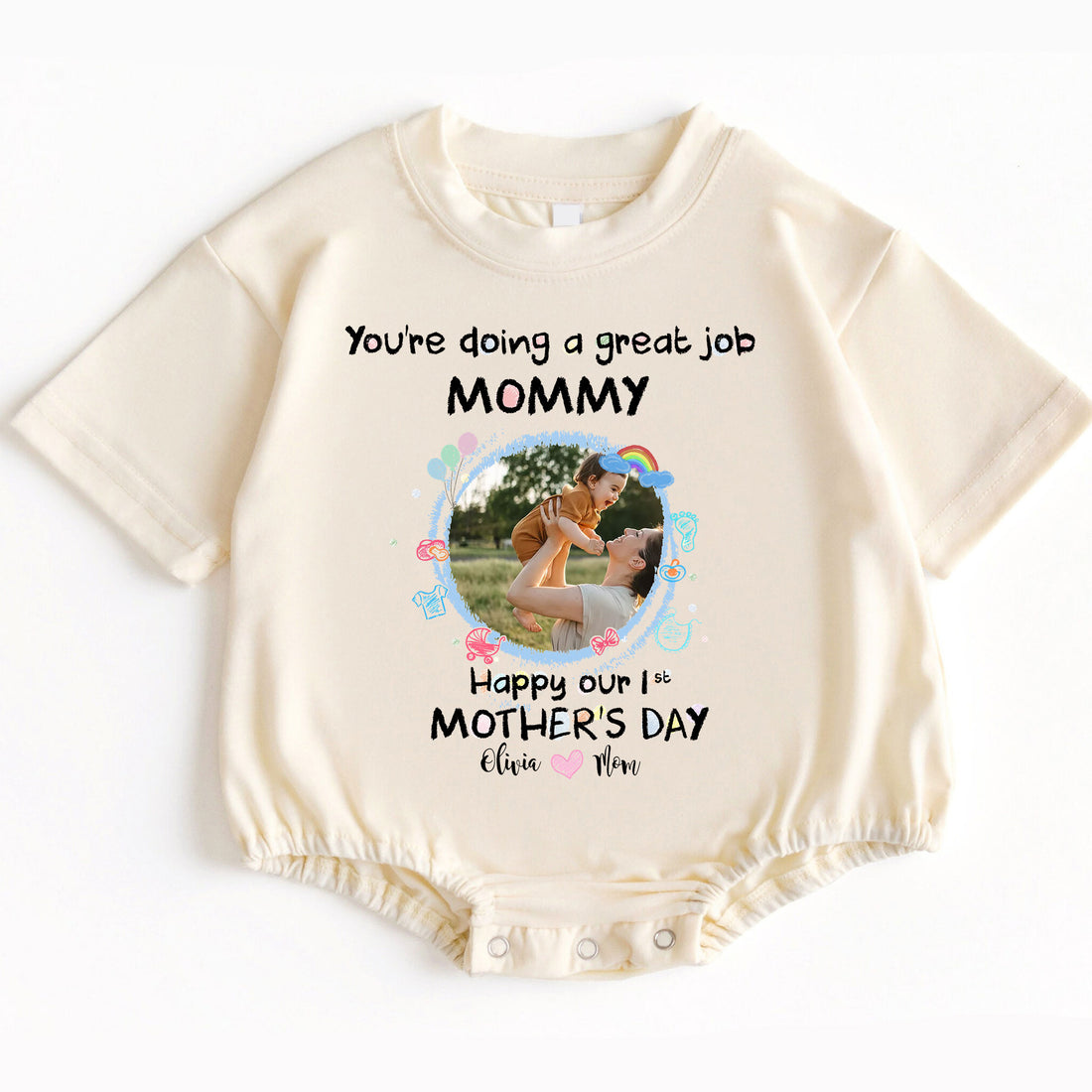 Make her first Mother's Day truly magical! Order the "You're Doing A Great Job Mommy - Happy Our First Mother's Day" Romper Baby Bodysuit today and give the gift of love, comfort, and cherished memories that will be treasured for a lifetime!
