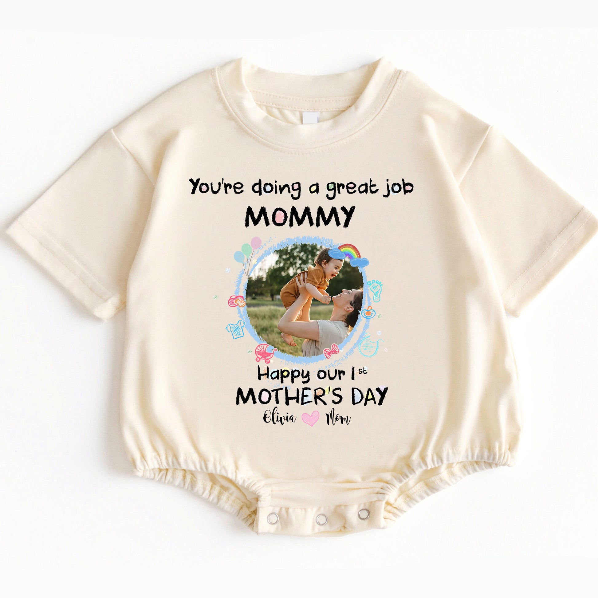 Make her first Mother's Day truly magical! Order the "You're Doing A Great Job Mommy - Happy Our First Mother's Day" Romper Baby Bodysuit today and give the gift of love, comfort, and cherished memories that will be treasured for a lifetime!