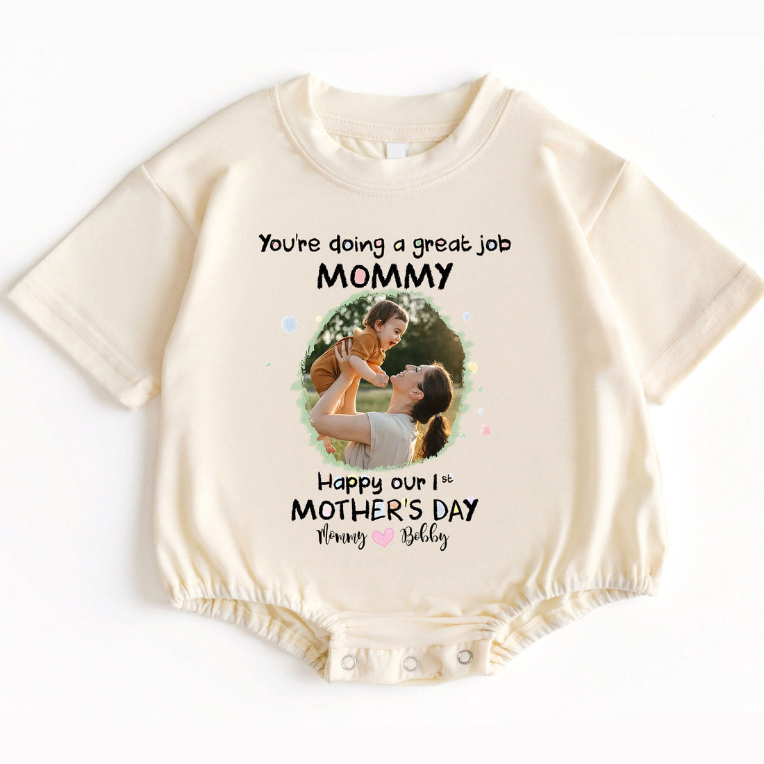 Make her first Mother's Day truly special with the "You're Doing A Great Job Mommy - Happy First Mother's Day" Romper Baby Bodysuit. Order yours today and give the gift of love, comfort, and a cherished memory!