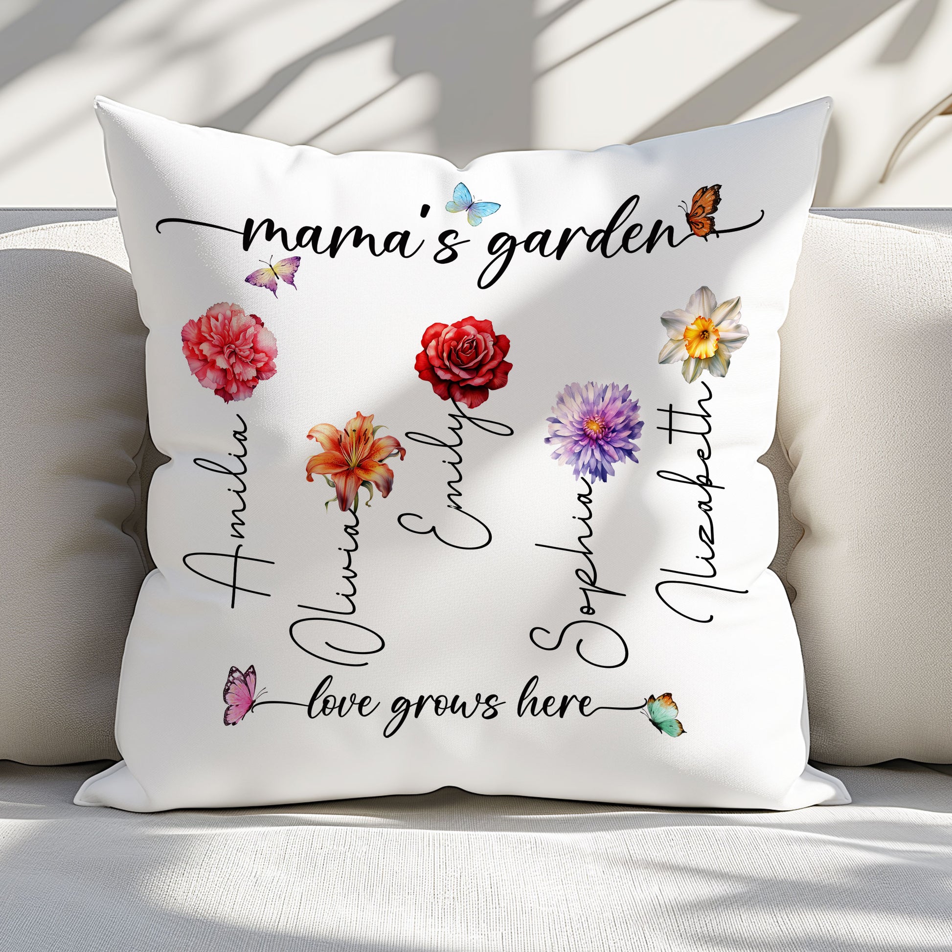 Mama's Garden Love Grows Here Birth Flower Custom Child's Name Pillow