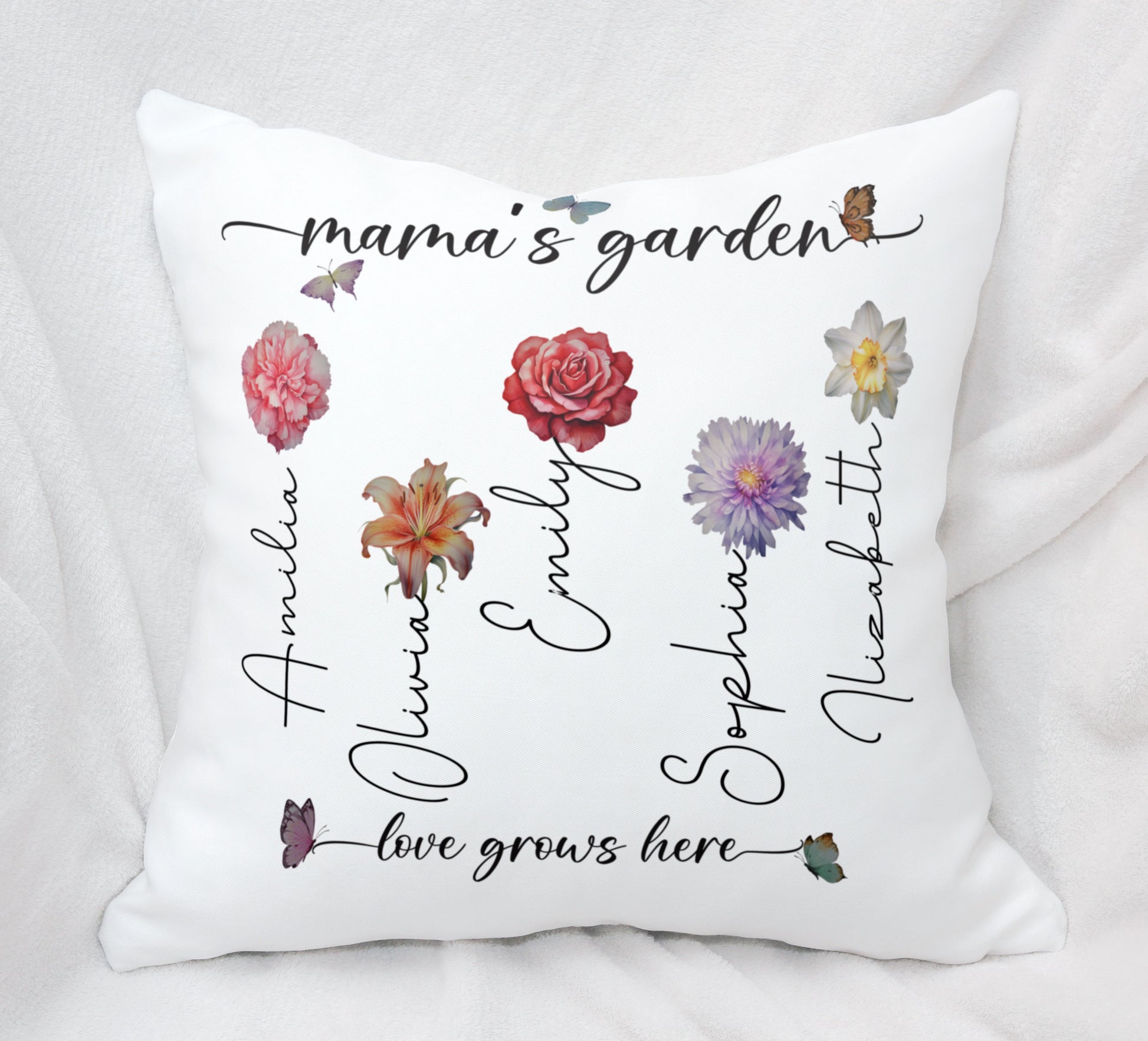 Mama's Garden Love Grows Here Birth Flower Custom Child's Name Pillow, Gift For Mom