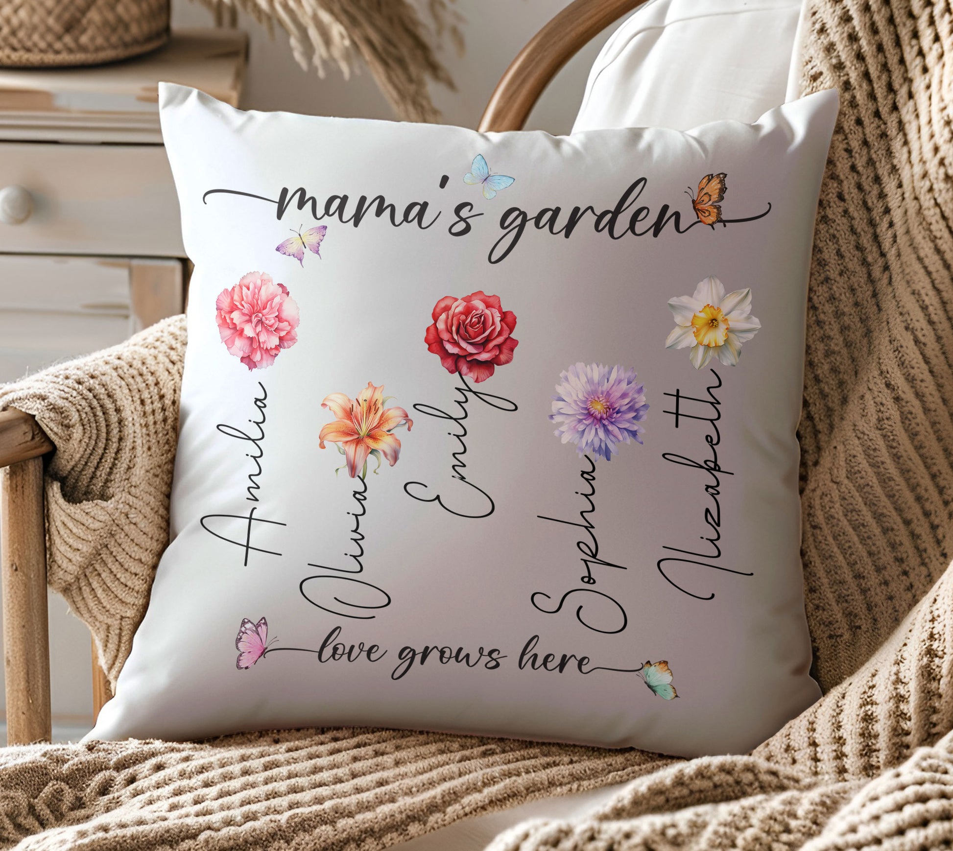 Mama's Garden Love Grows Here Birth Flower Custom Child's Name Pillow, Gift For Mom, Gift For Grandma
