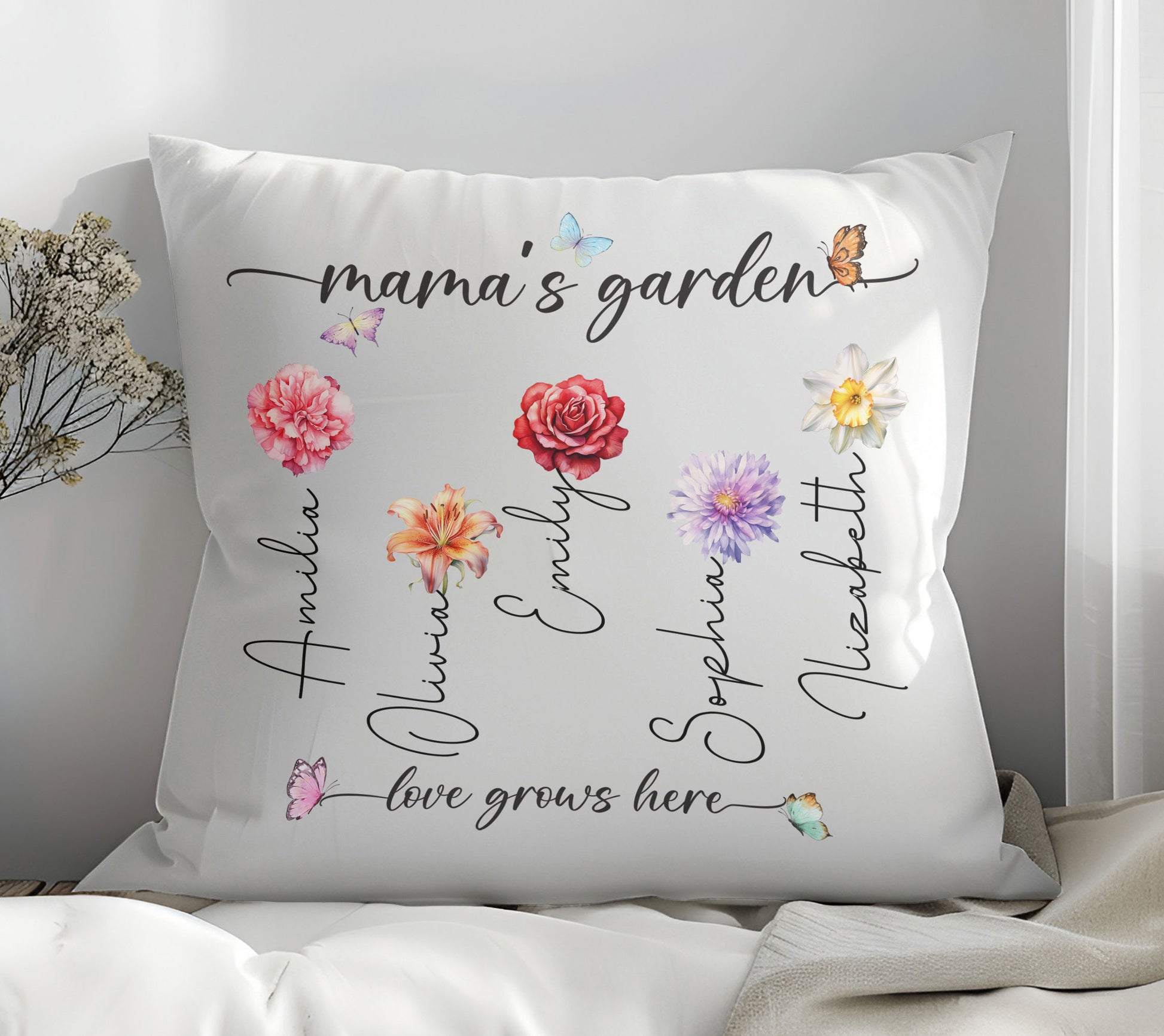 Mama's Garden Love Grows Here Birth Flower Custom Child's Name Pillow, Gift For Mom, Gift For Grandma, Birthday Gift