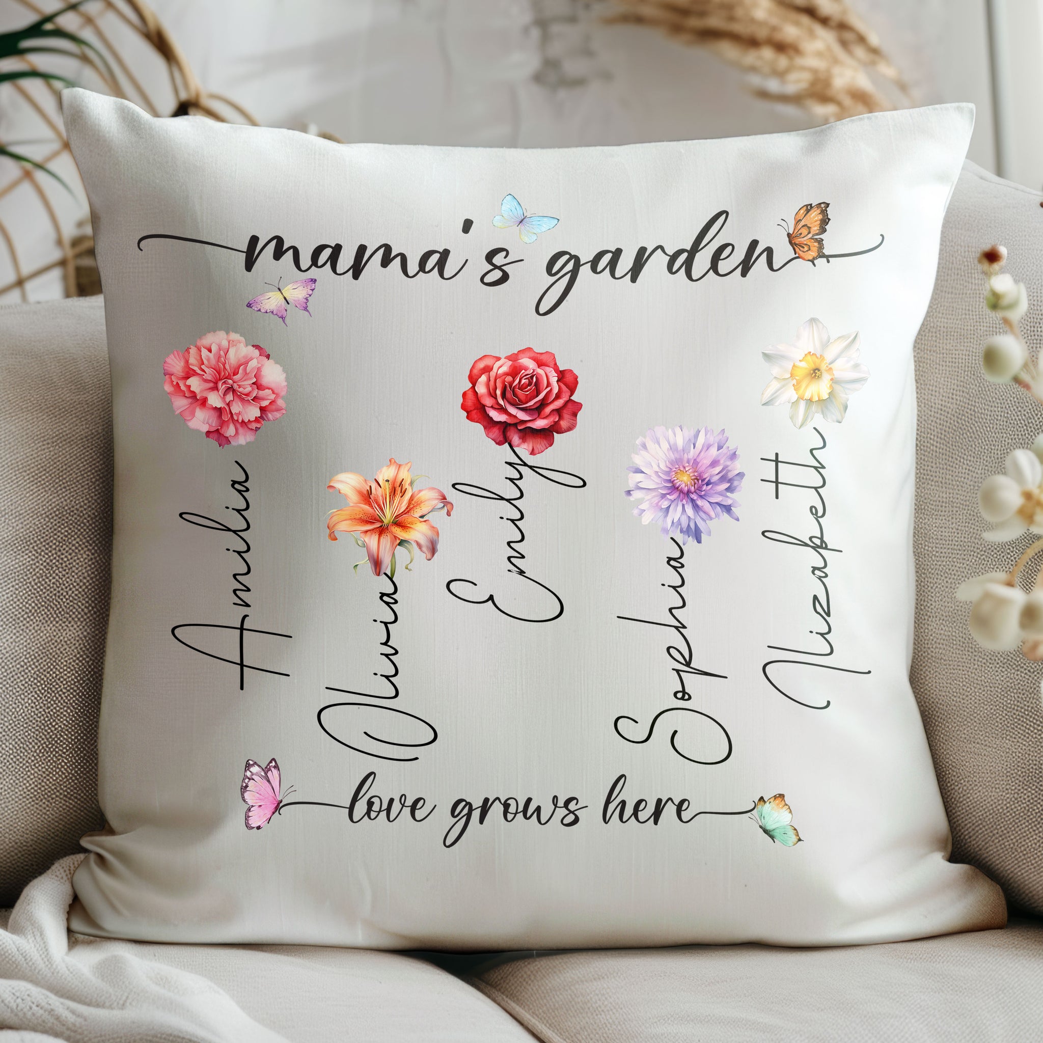Mama's Garden Love Grows Here Birth Flower Custom Child's Name Pillow, Gift For Mom, Gift For Grandma, Birthday Gift, Mother's Day Gift