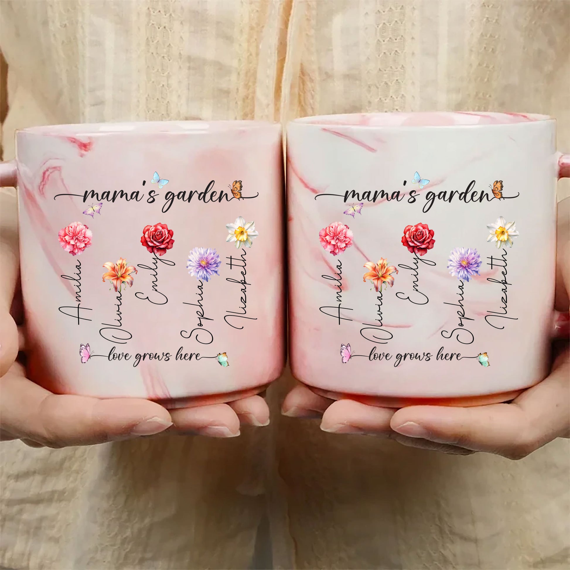 Mama's Garden Love Grows Here Birth Flower Personalized Marble Mug, Gift For Mom