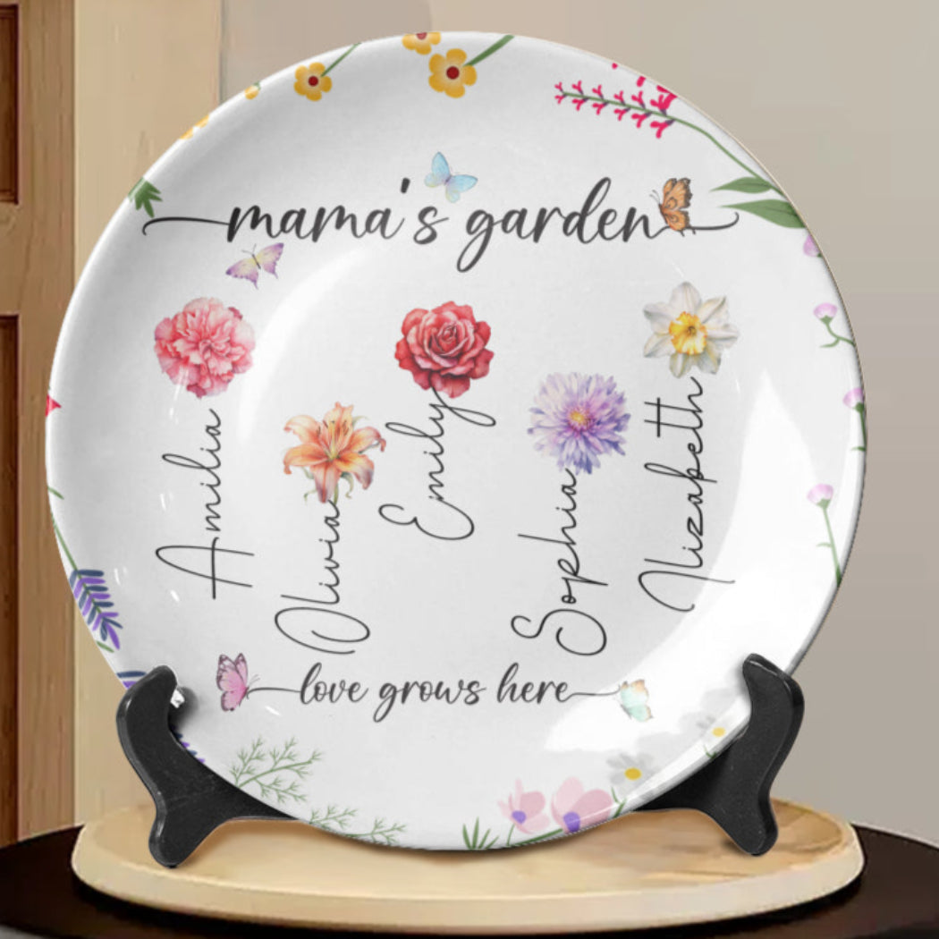 Mama's Garden Love Grows Here Custom Kid's Name Birth Flower Personalized Ceramic Plate, Gift For Mom, Gift For Grandma, Mother's Day Gift
