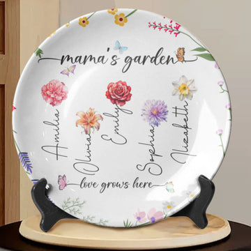 Mama's Garden Love Grows Here Custom Kid's Name Birth Flower Personalized Ceramic Plate, Gift For Mom, Gift For Grandma, Mother's Day Gift