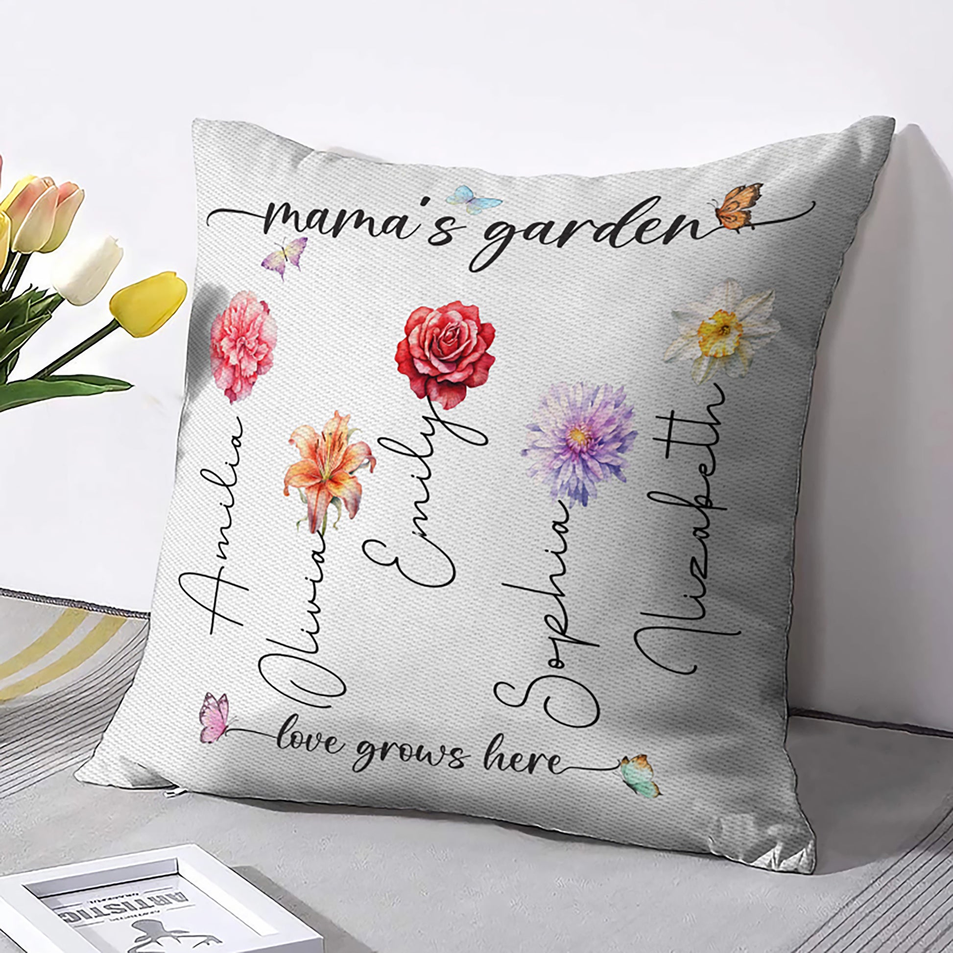 Mama's Garden personalized pillow with child's name and birth flower
