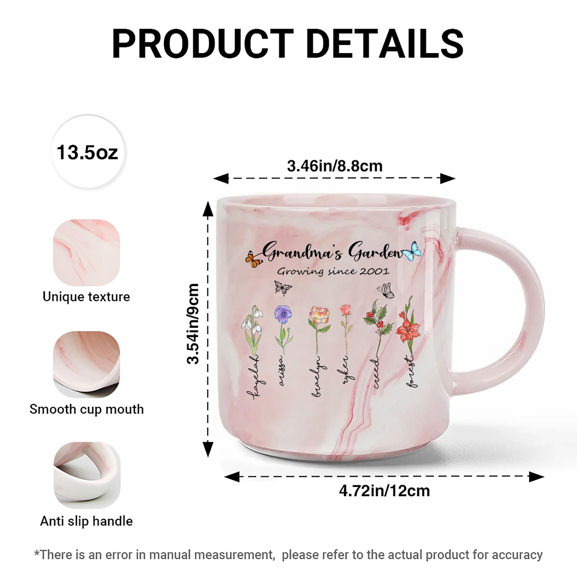 Marble Mug: [Grandchild's Name] Growing Since [Year] Birth Flower Grandma's Garden

