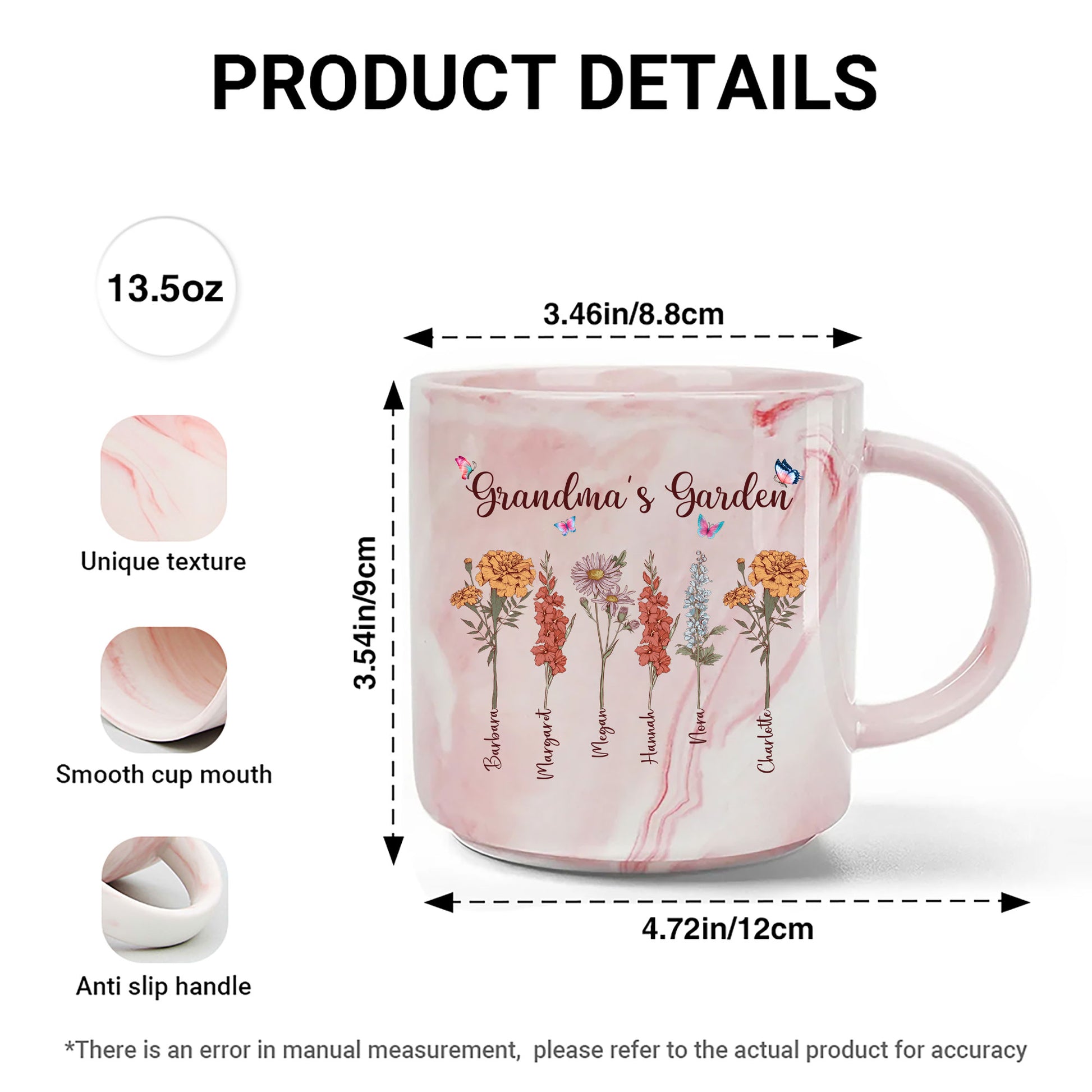 Marble Mug featuring Grandchild's Name and Birth Flower in Grandma's Garden

