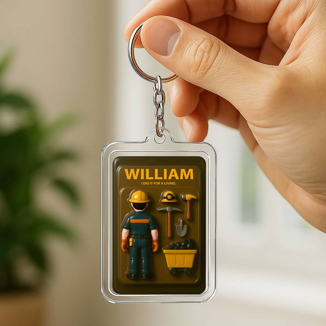 Personalized Miner Father's Day Gift Acrylic Keychain - Custom 3D "I Dig It For A Living" Action Figure Keychain