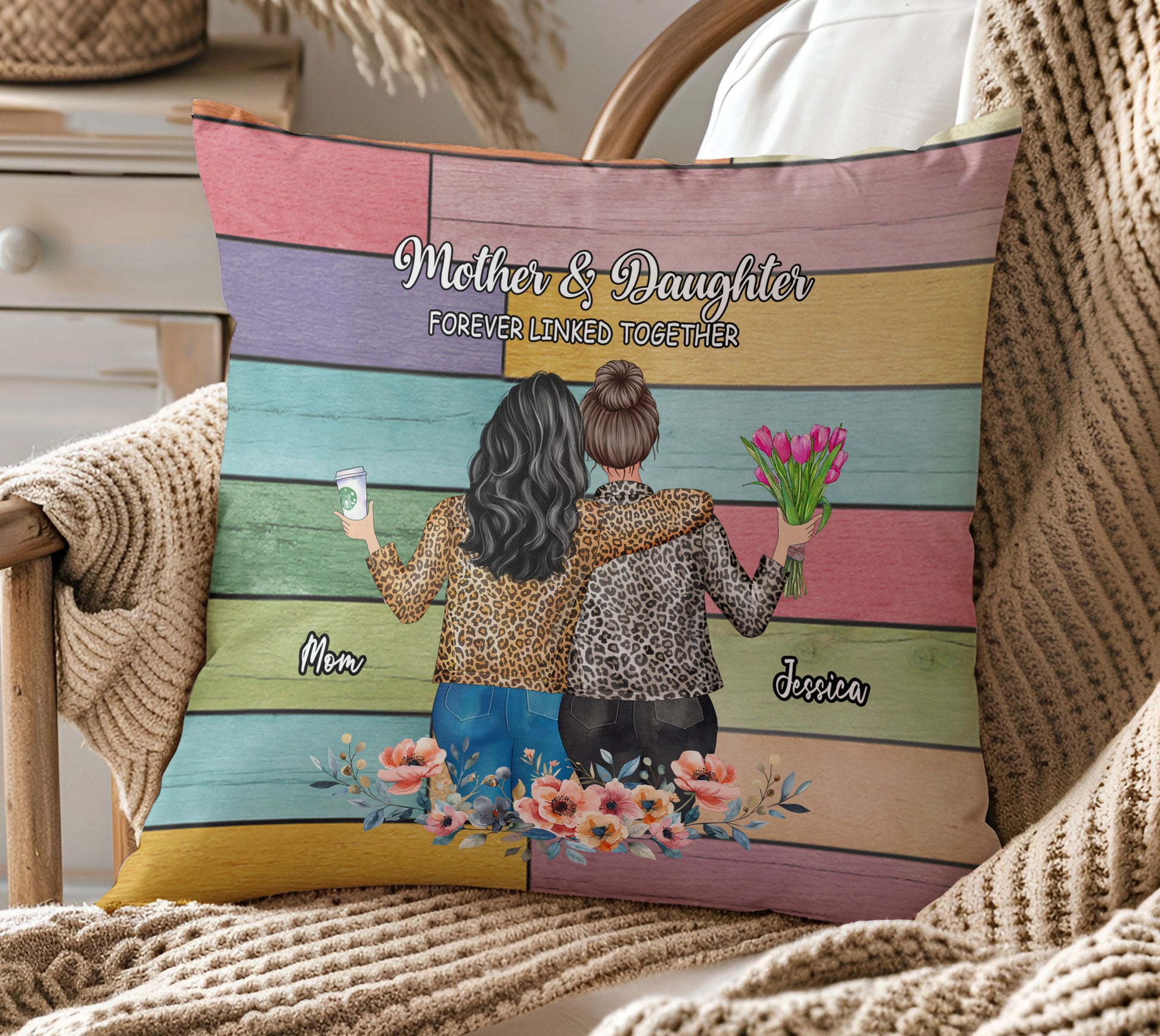 Mother And Daughter Forever Linked Together Pillow With Heartfelt Message

