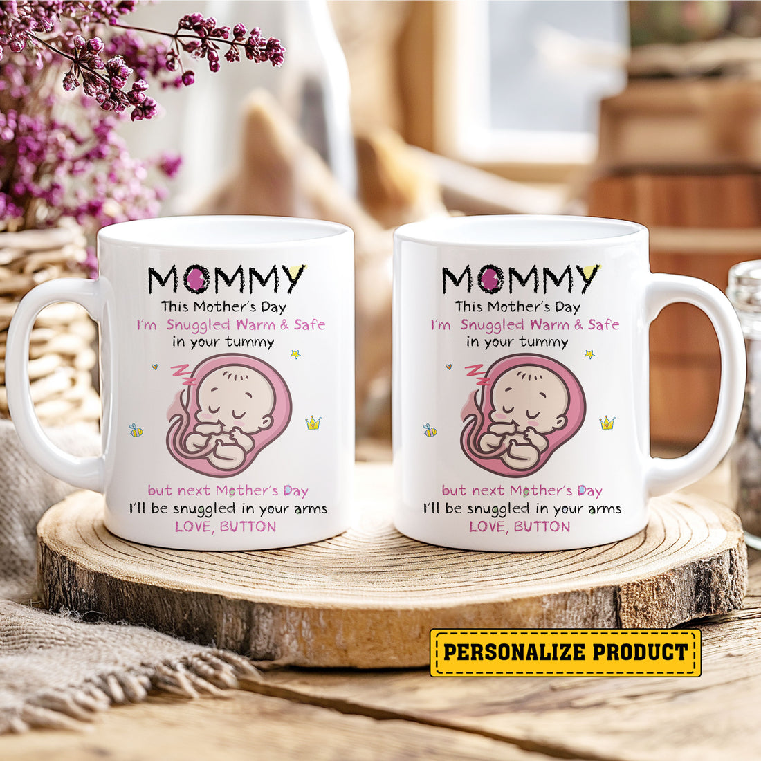 Give her a heartwarming smile and a lasting memory of this special time. Order the "Love from Your Tummy" Personalized Mom-to-Be Mug today and celebrate her journey into motherhood!