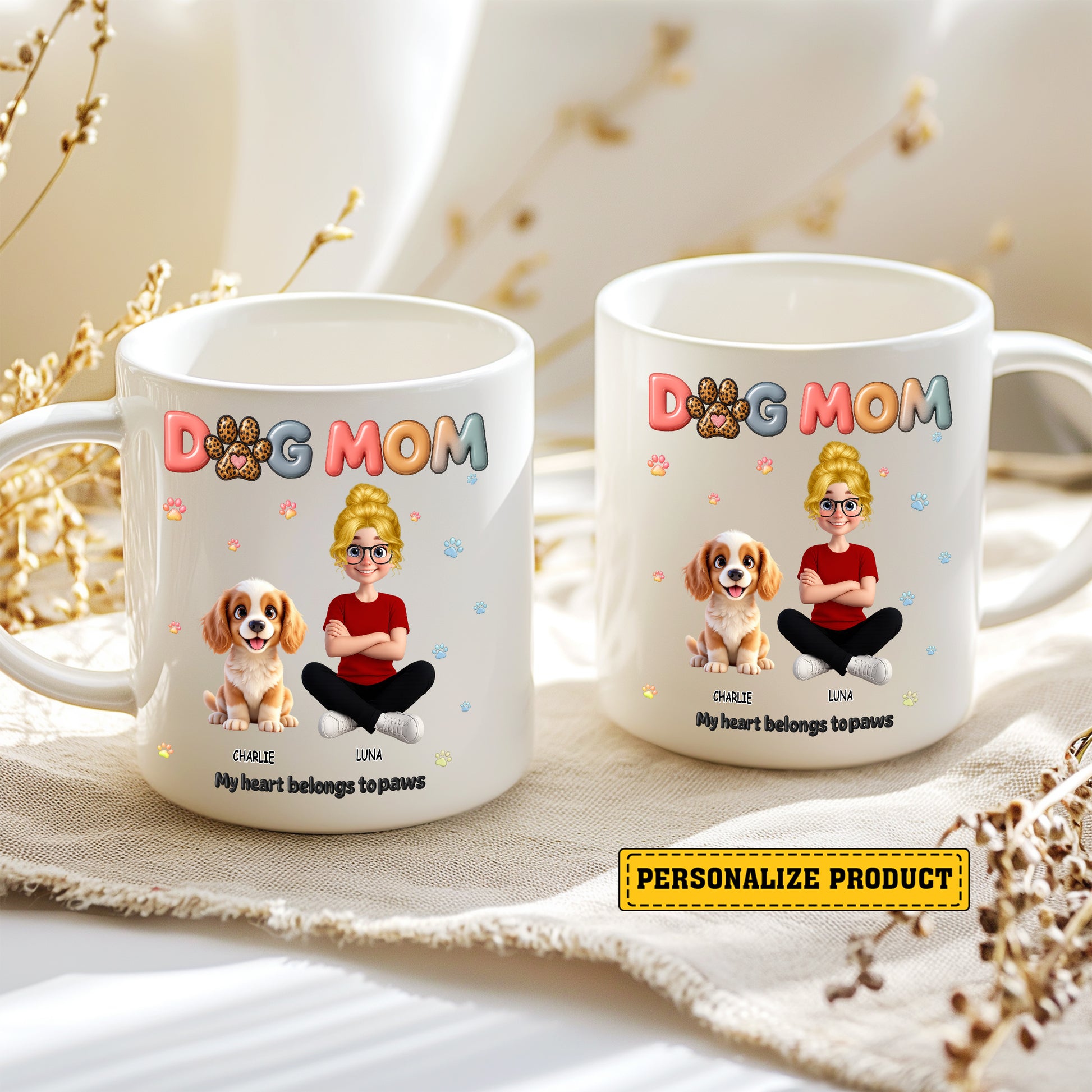 "My Heart Belongs to Paws": Personalized Dog Mom Mug
