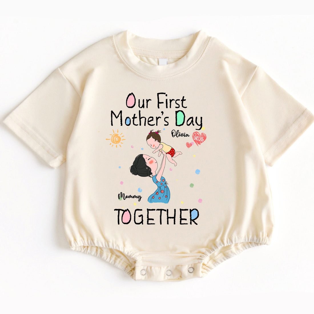 Make this first Mother's Day truly extraordinary and unforgettable with the 'Our First Mother's Day Together' Romper Baby Bodysuit. Order yours today and give the gift of love, comfort, and cherished memories that will be treasured for a lifetime!