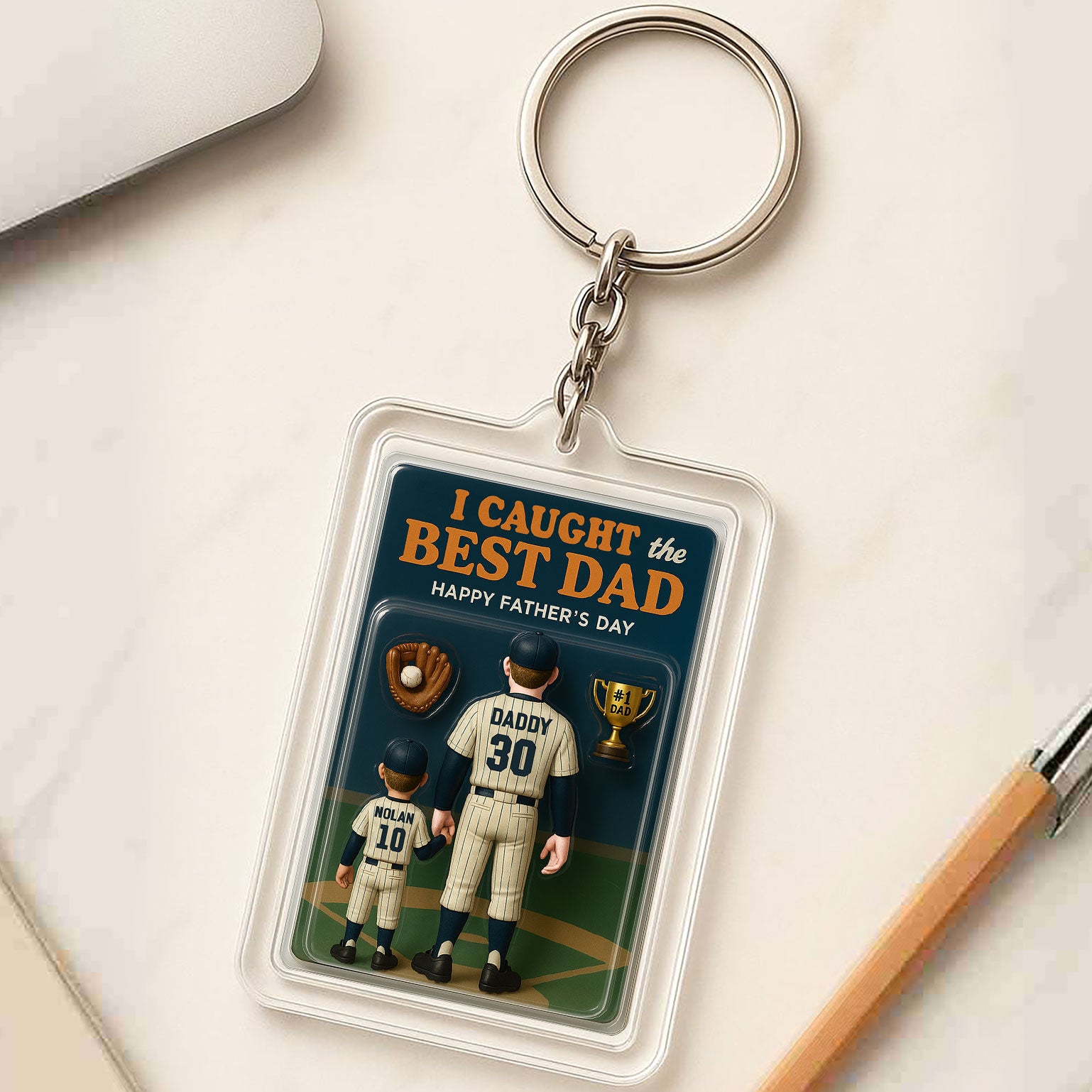 Personalized 3D Baseball Keychain – “I Caught the Best Dad” Father’s Day Gift from Daughter – Custom Acrylic Sports Design

