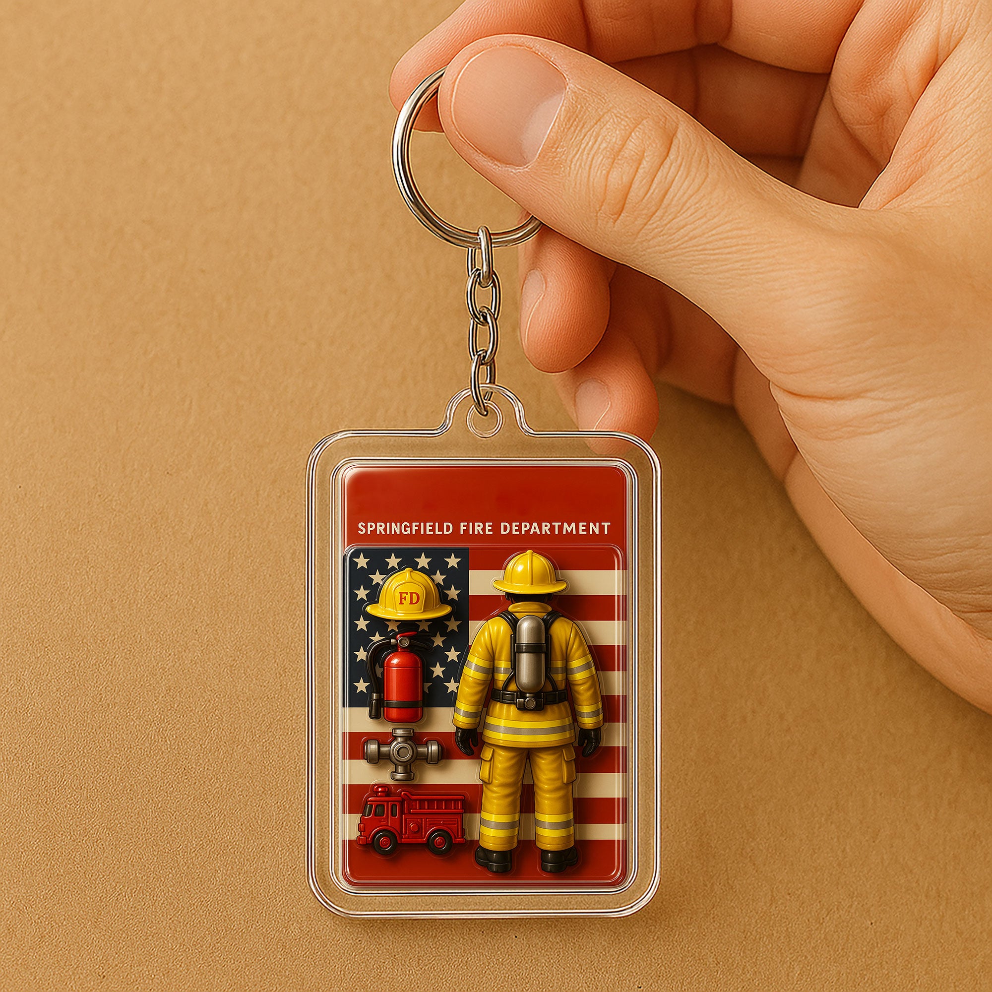 Personalized 3D Firefighter Acrylic Keychain – Custom Father’s Day Gift for Hero Dads in Fire Department – Multiple Suit Colors