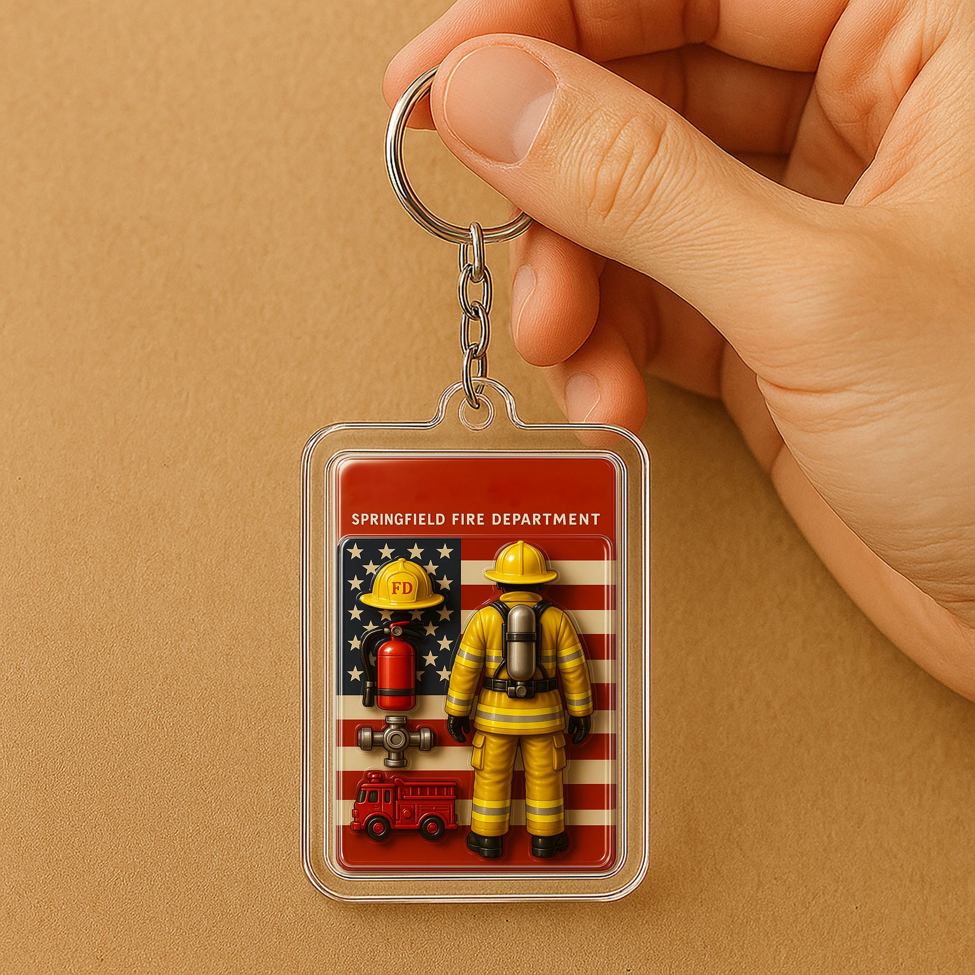 Personalized 3D Firefighter Acrylic Keychain – Custom Father’s Day Gift for Hero Dads in Fire Department – Multiple Suit Colors