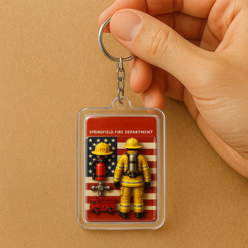 Personalized 3D Firefighter Acrylic Keychain – Custom Father’s Day Gift for Hero Dads in Fire Department – Multiple Suit Colors
