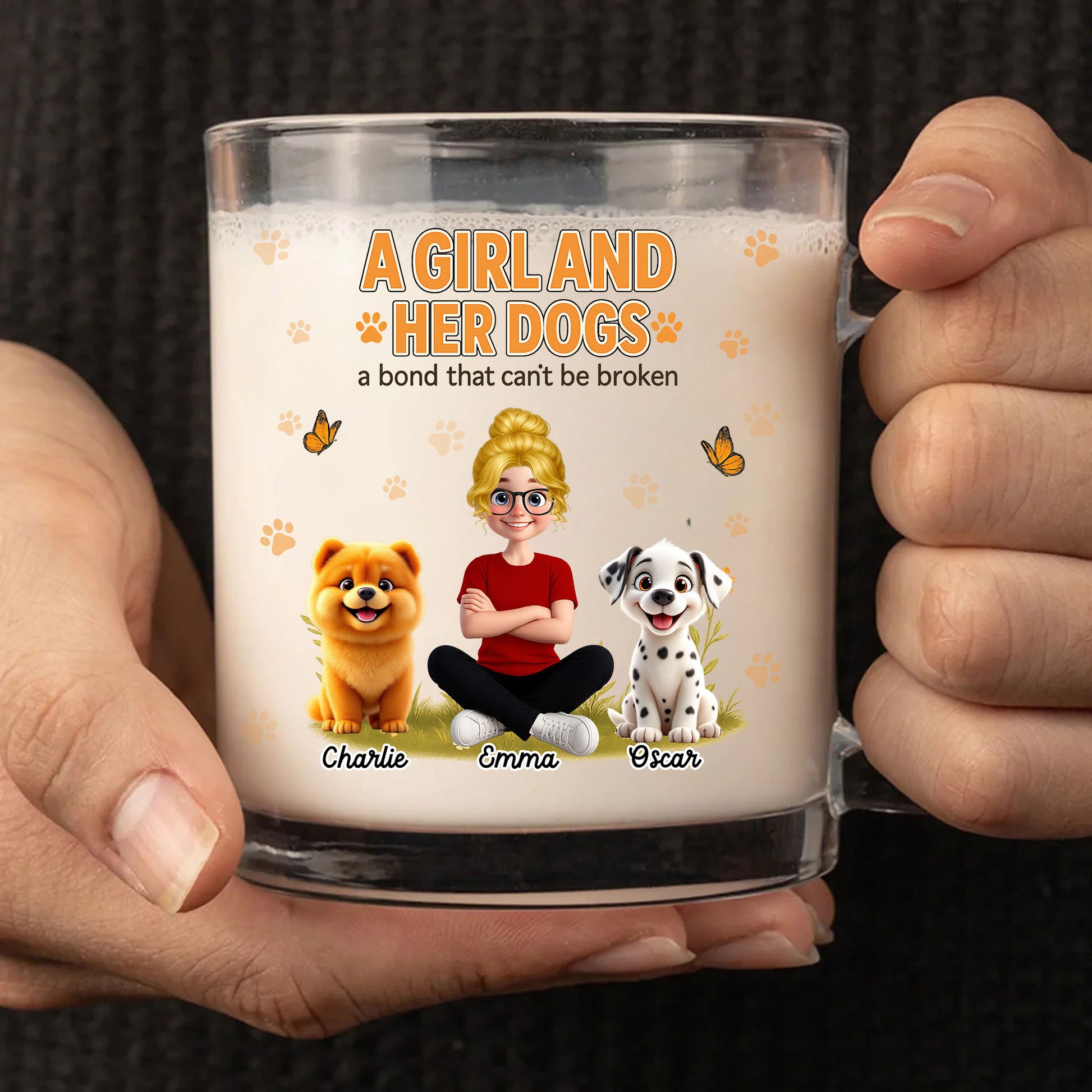 Personalized "A Girl and Her Dogs" Glass Mug: Custom Names for Dog Mom & Pups. Unique Dog Lover Gift