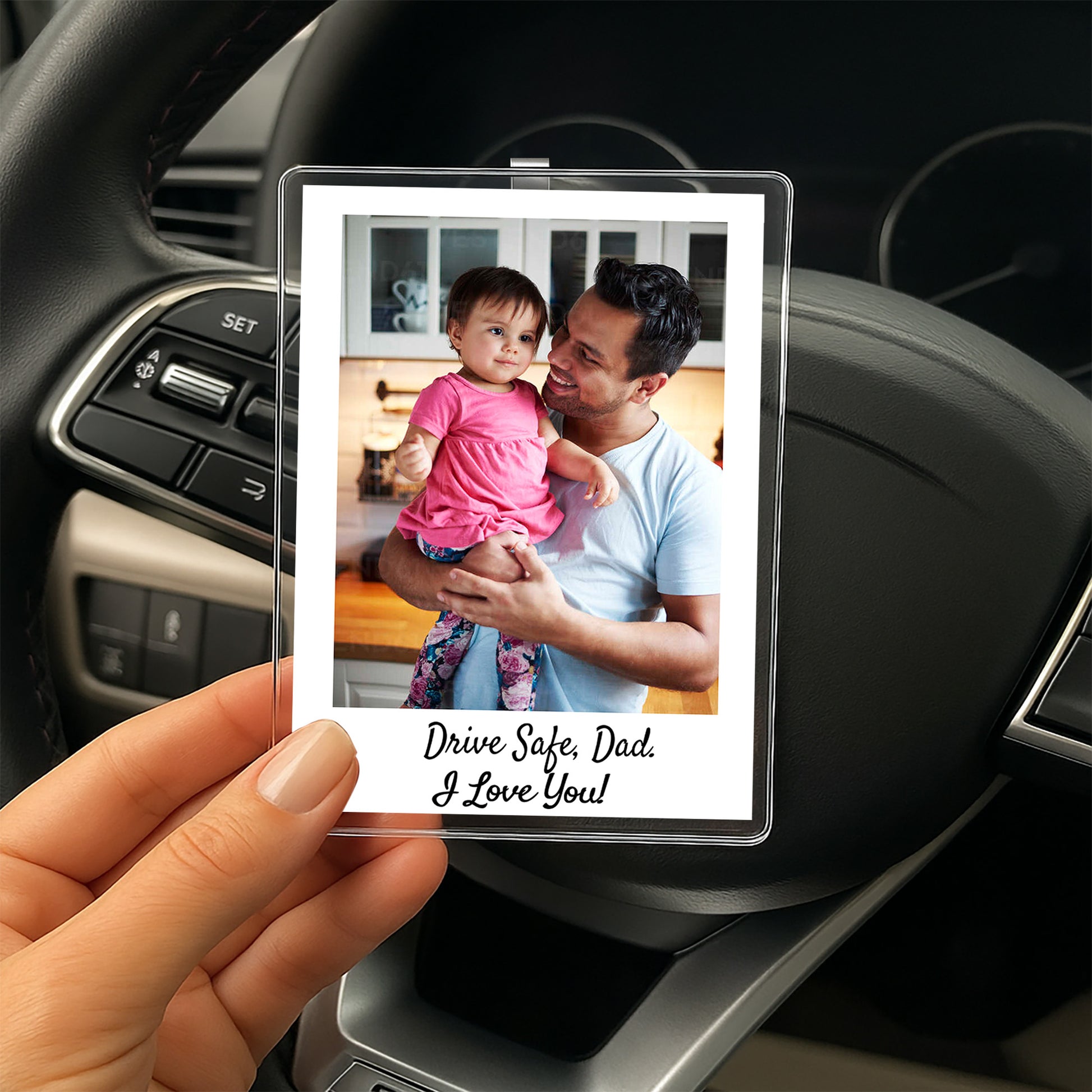 Personalized Acrylic Car Visor Clip for Dad – Custom Photo Gift with “Drive Safe, I Love You” Message – Father’s Day Car Accessory for Dads on the