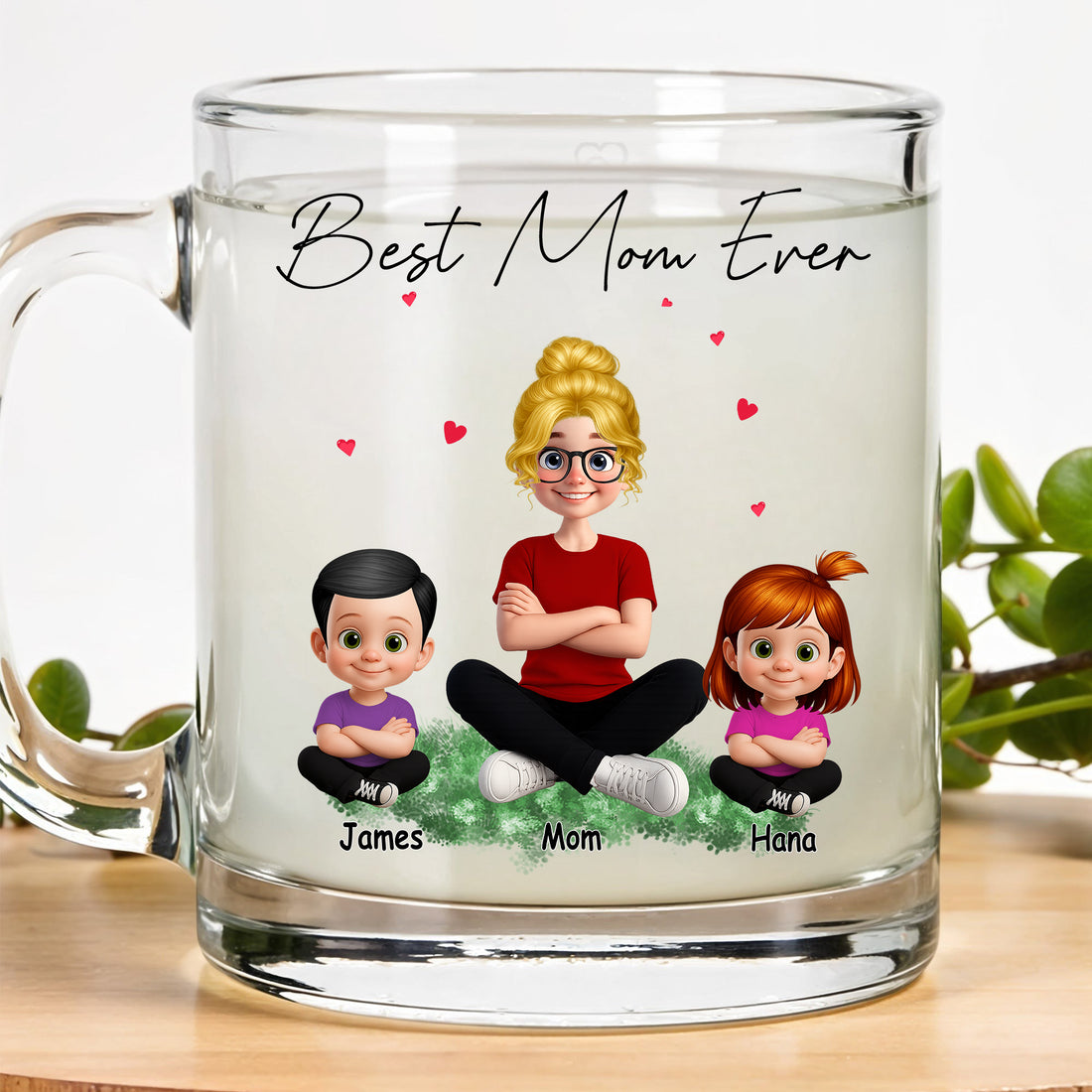 Personalized Mom Mug with Kids Characters - Best Mom Ever: Personalized Glass Mug with Custom Family Characters
