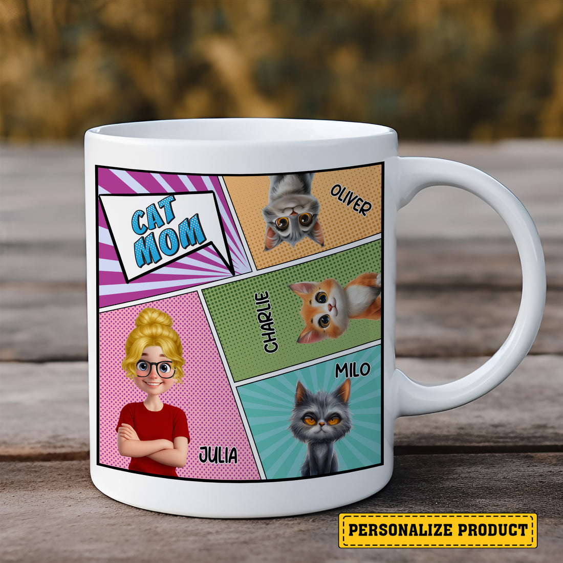 Personalized Cat Mom Comic Book Style Mug - Pow! Wham! Purr! Custom Cat Mom Personalized Comic Mug