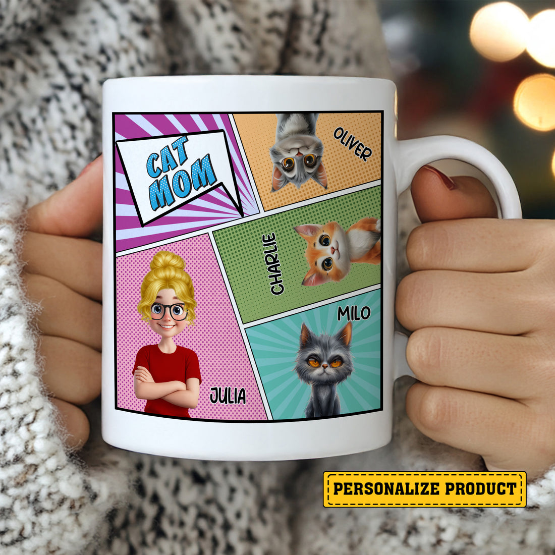 Personalized Cat Mom Comic Book Style Mug - Pow! Wham! Purr! Custom Cat Mom Personalized Comic Mug