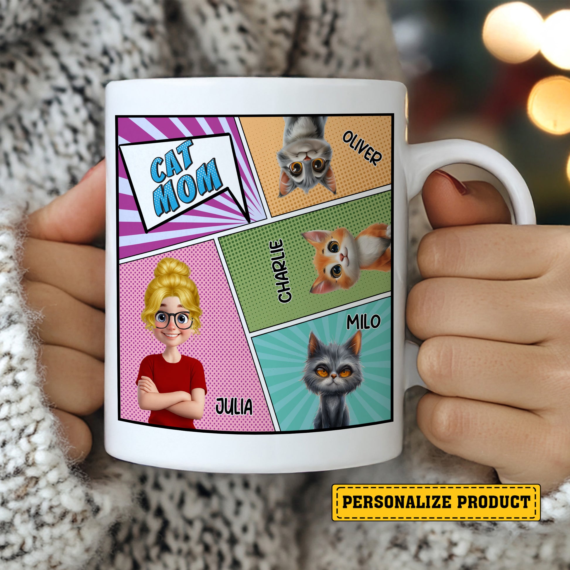 Personalized Cat Mom Comic Book Style Mug - Pow! Wham! Purr! Custom Cat Mom Personalized Comic Mug