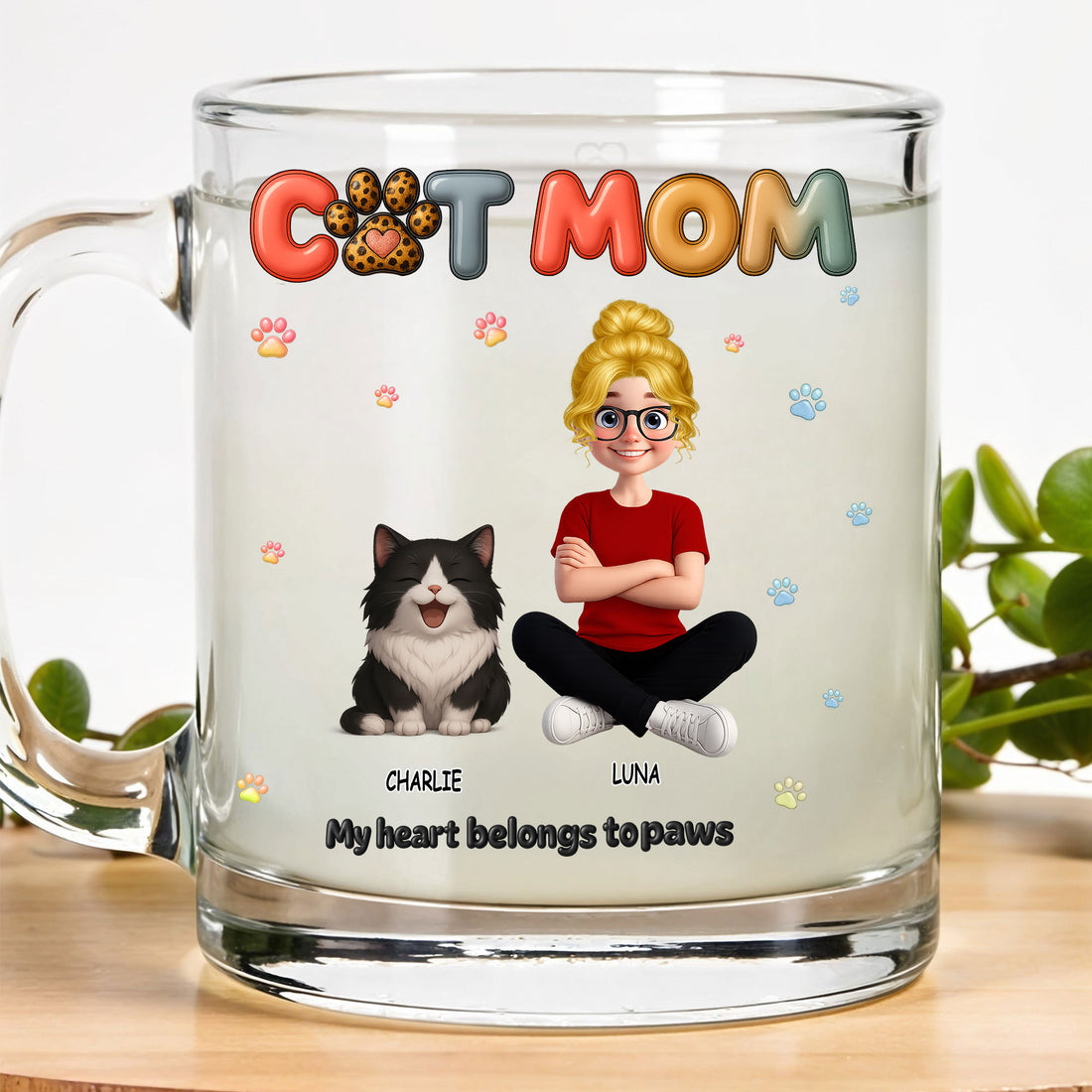 Personalized Cat Mom Glass Mug with Custom Character & Cat Names - Custom Cat Mom Glass Mug: "My Heart Belongs to Paws"