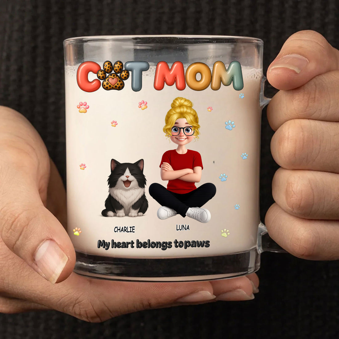 Personalized Cat Mom Glass Mug with Custom Character & Cat Names - Custom Cat Mom Glass Mug: "My Heart Belongs to Paws"