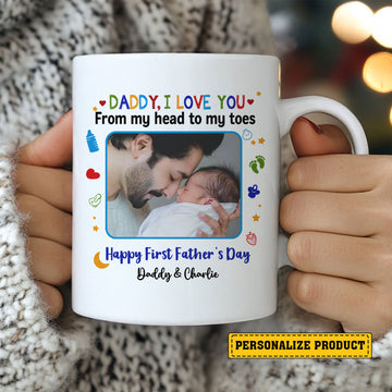 Personalized Ceramic Mug Gift for First-Time Dad – Custom Happy First Father’s Day Keepsake from Baby with Photo and Name – Cute New Dad Life Coffee Cup