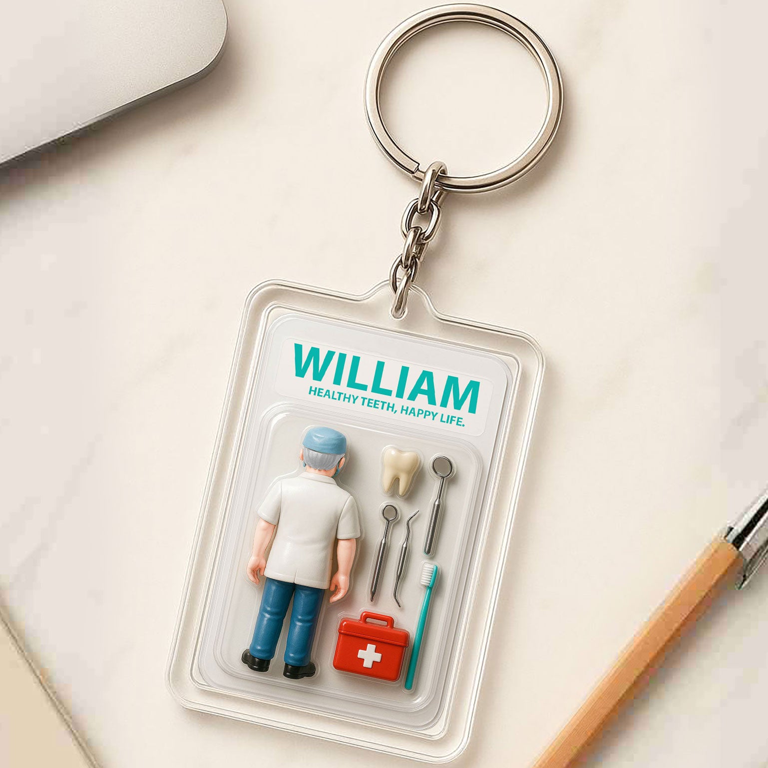 Personalized Dentist Father's Day Gift Acrylic Keychain - 3D Style "Healthy Teeth" Keychain Custom Name