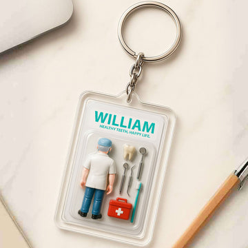 Personalized Dentist Father's Day Gift Acrylic Keychain - 3D Style "Healthy Teeth" Keychain Custom Name