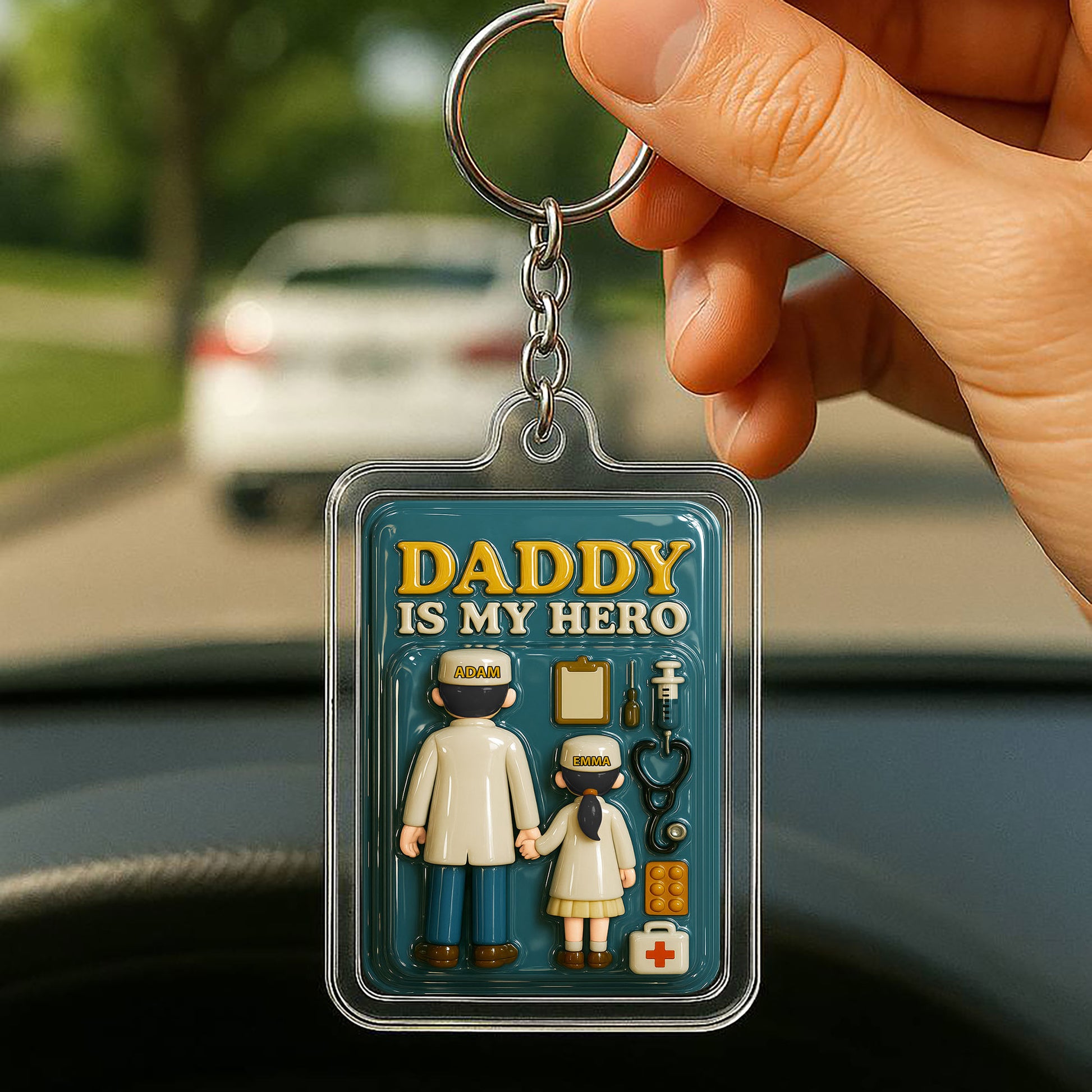 Personalized Doctor Dad Father's Day Gift Acrylic Keychain - 3D Style "My Hero" Keychain Custom Names