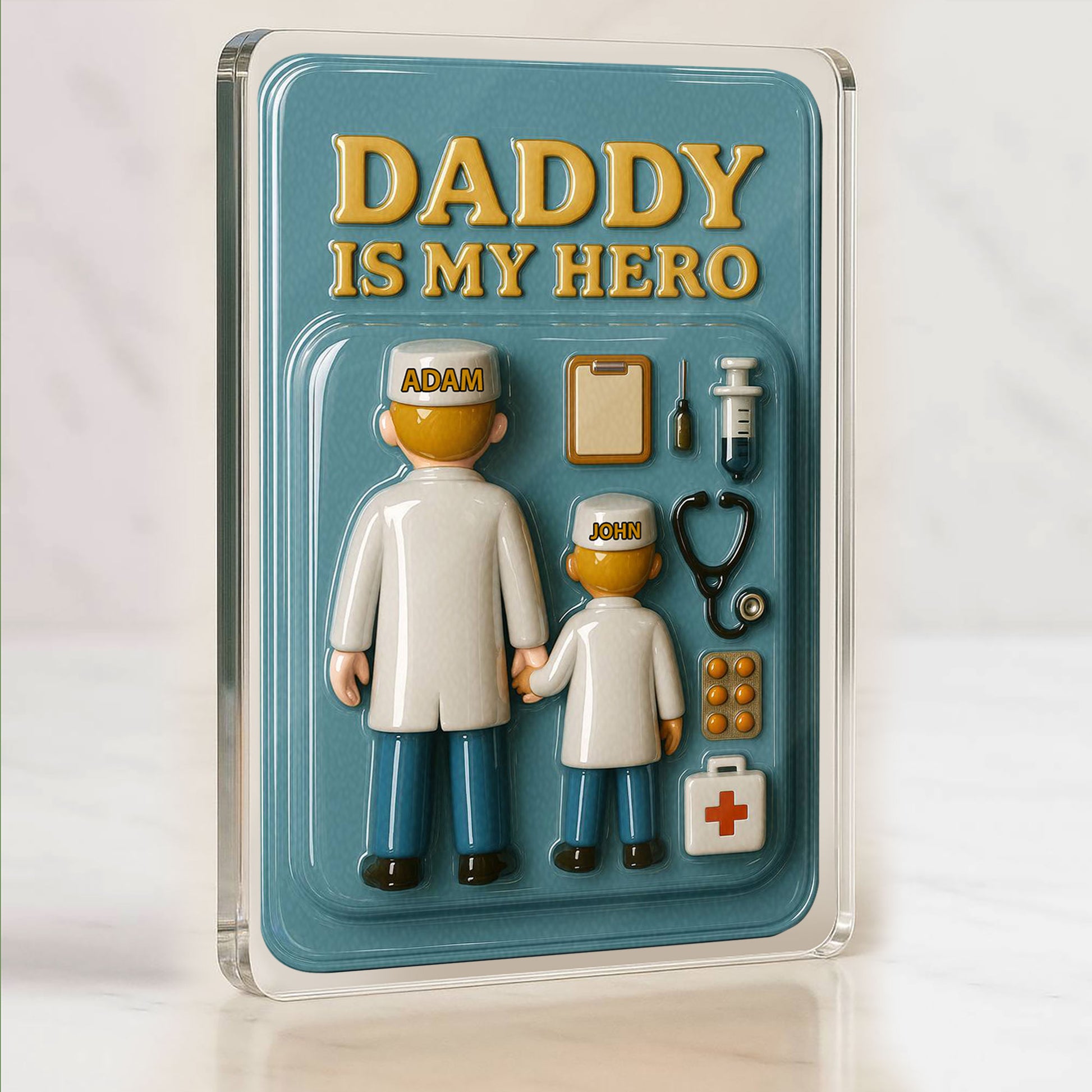 Personalized Doctor Dad Father's Day Gift Decor Acrylic Plaque - Custom Doctor Dad & Son Father's Day 3D Plaque