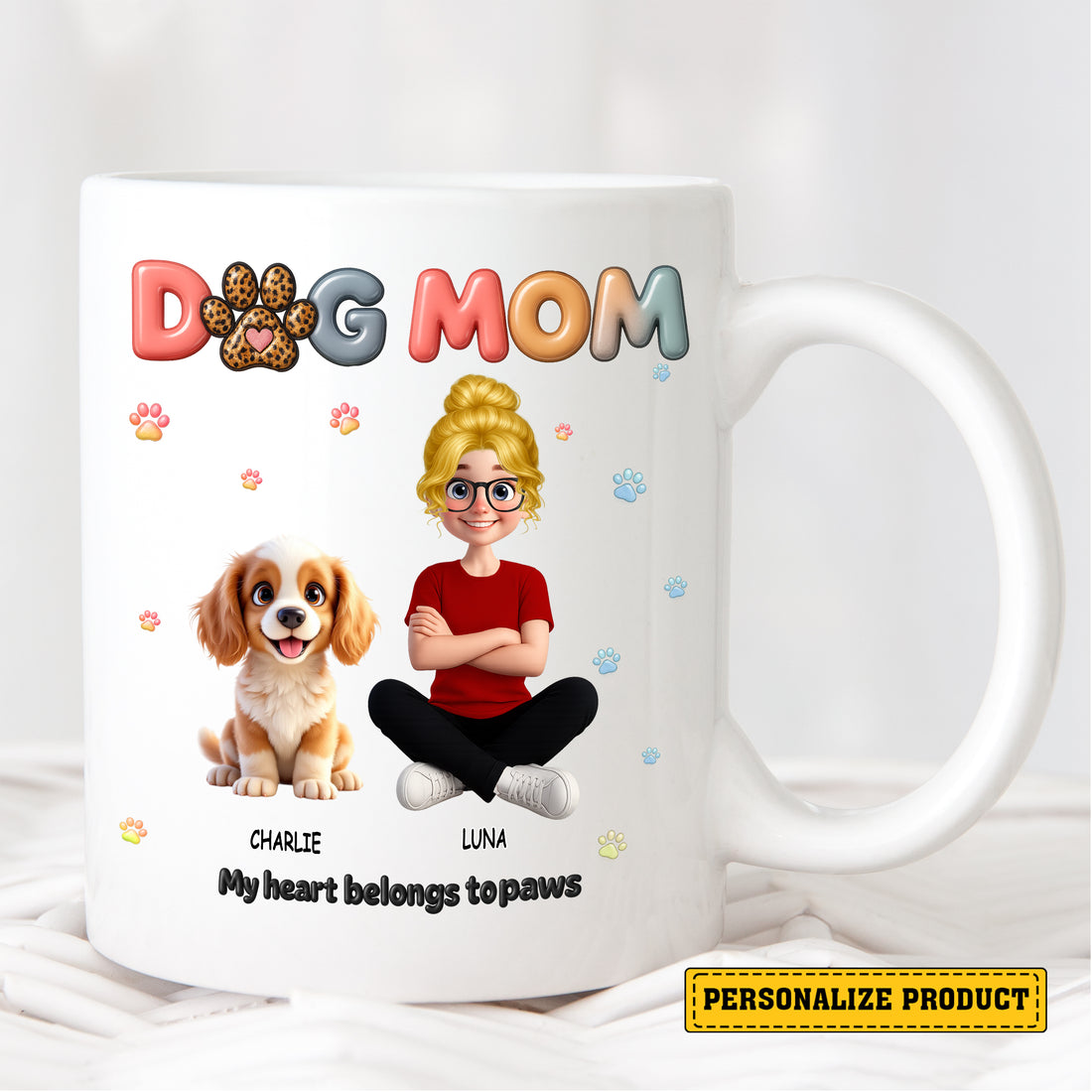 Personalized Dog Mom Mug - Custom Owner & Dog Characters Gift - "My Heart Belongs to Paws": Personalized Dog Mom Mug