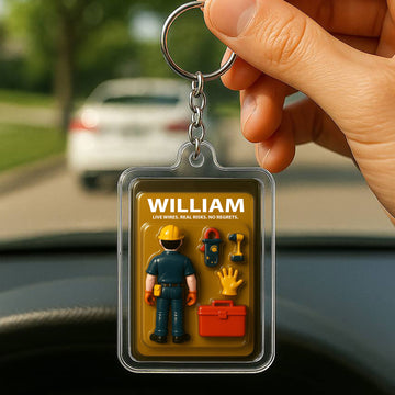 Personalized Electrician Father's Day Gift - 3D Style "Live Wires" Keychain Custom Name